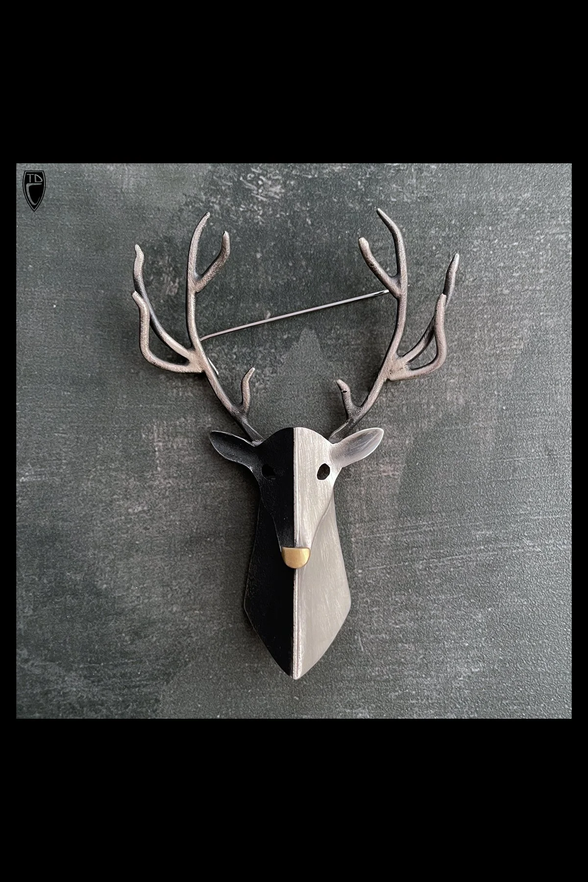 "In the Shadows", Sterling Silver, Brass and Steel Stag Brooch