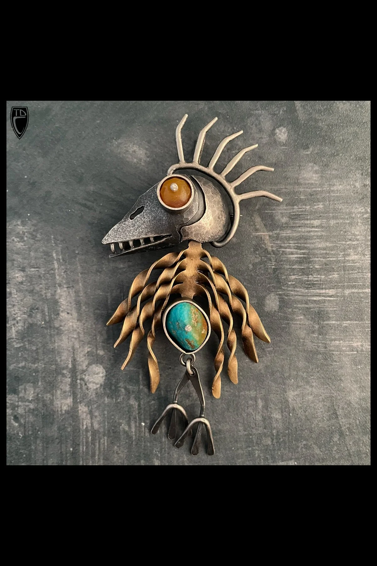 "It's Baby Bird Season", Sterling Silver, Brass, Turquoise and Carnelian Bird Brooch/Pendant