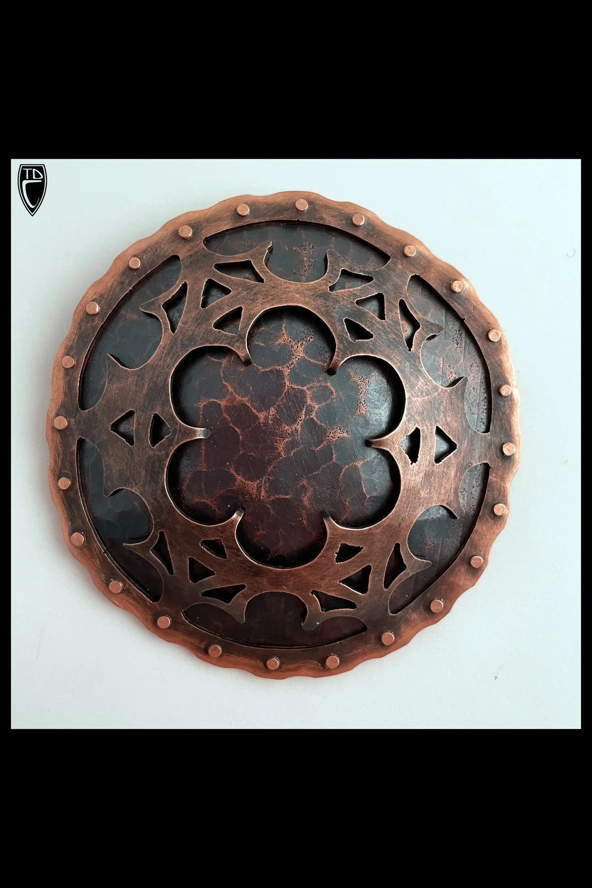 Pierced, Hammered and Riveted Copper Shield Disc Brooch/Pendant