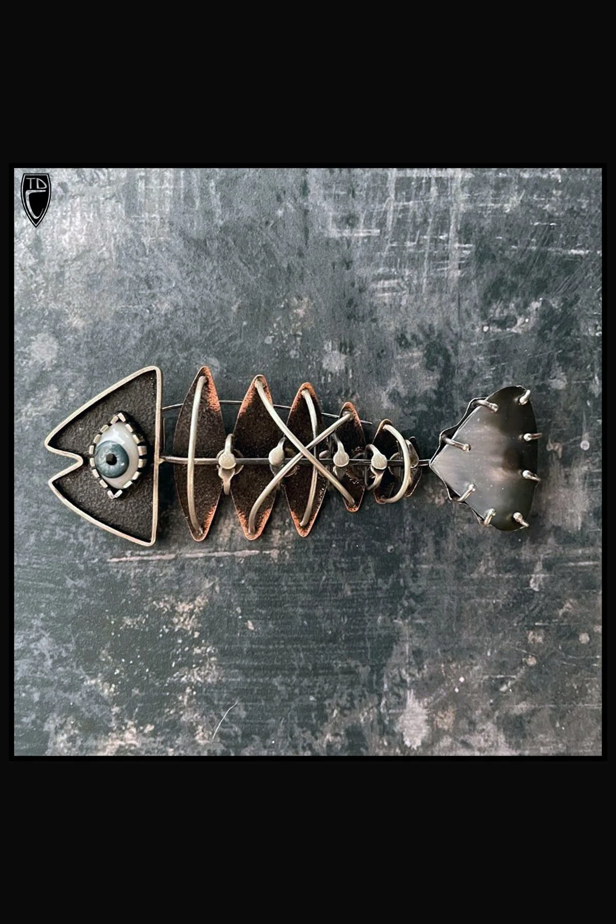 Fish, Sterling Silver, Copper, Antique Glass Doll Eye, Tahitian Mother of Pearl Brooch/Pendant