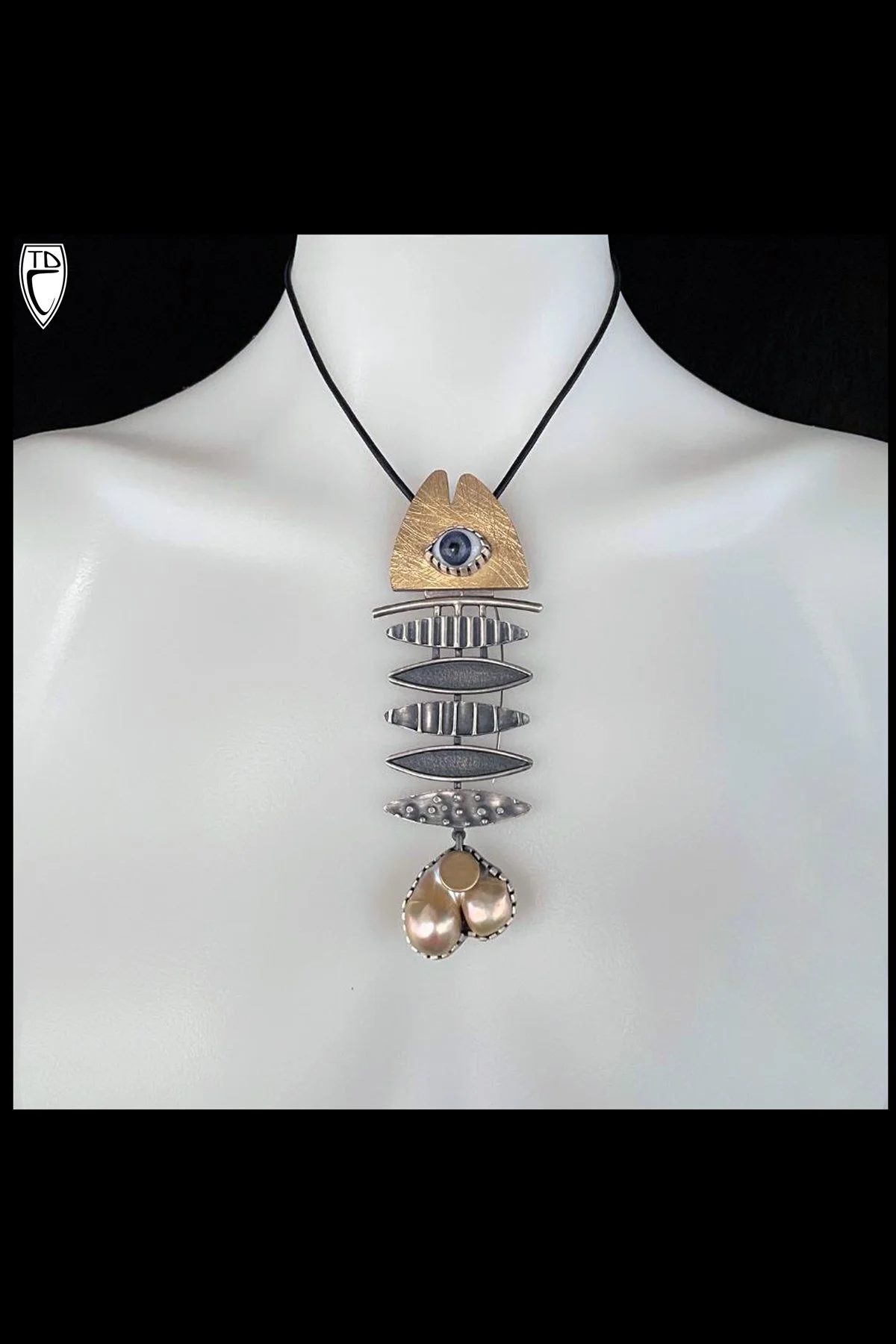 "Party Fish", Sterling Silver, Brass, Vintage Glass Paperweight Doll's Eye and Pearl Brooch/Pendant
