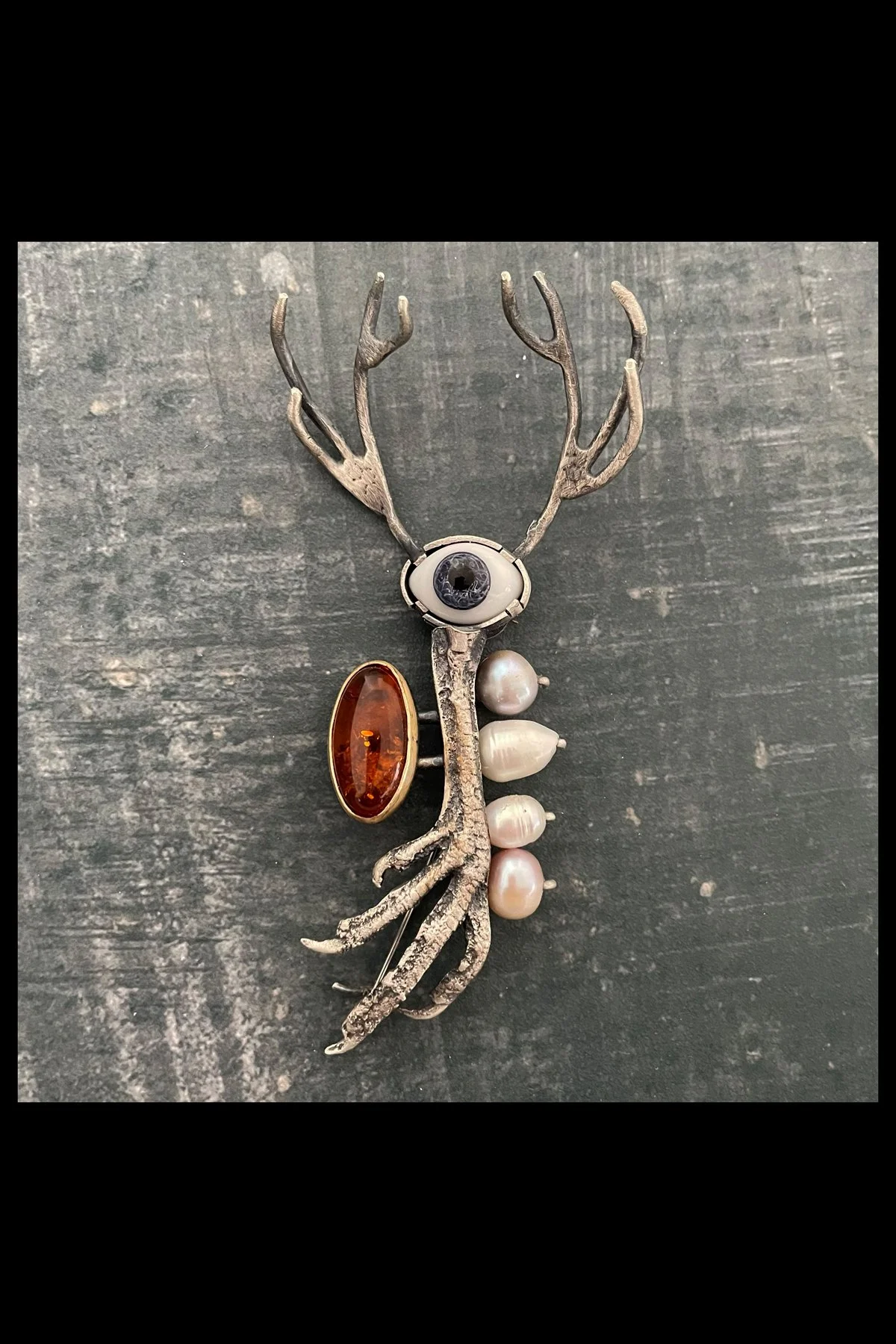 RESERVED FOR CW, "My Lucky Deer Foot", Cast and Fabricated Sterling Silver, Brass, Vintage Doll's Eye, Baltic Amber and Pearl Brooch