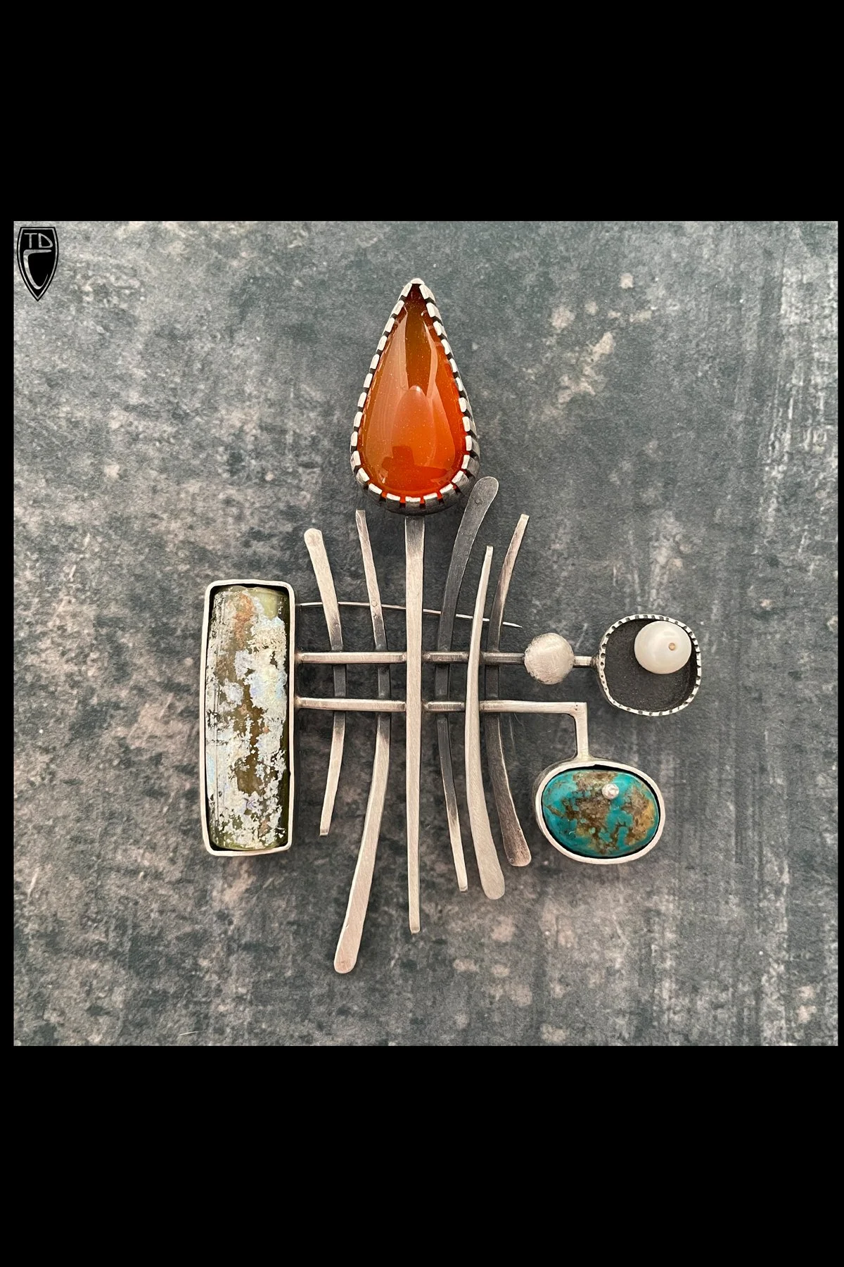 Forged Sterling Silver, Carnelian, Ancient Roman Glass, Turquoise and Pearl Floral Form Brooch/ Pendant