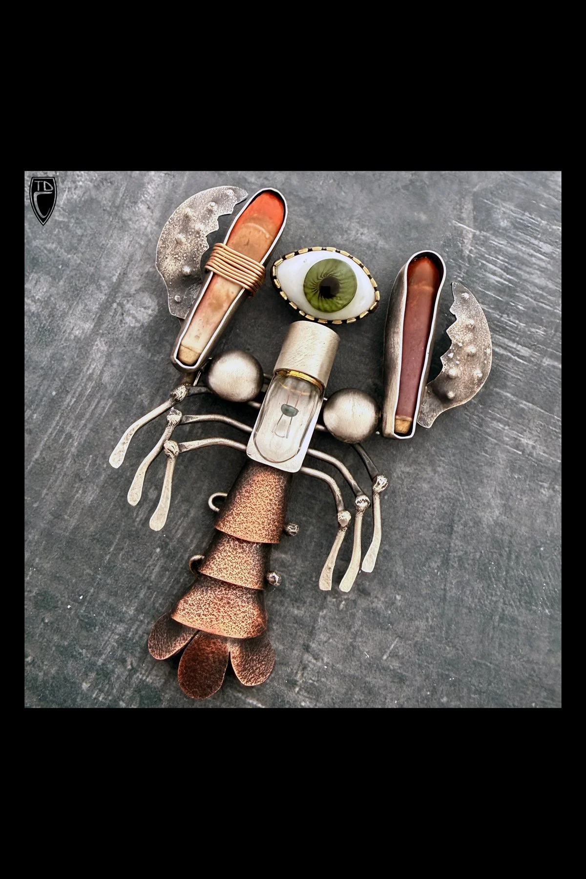 "Lobster", Sterling Silver, Copper, Bronze, Sea Urchin Spines, Vintage Lightbulb and Glass Eye Brooch/Pendant