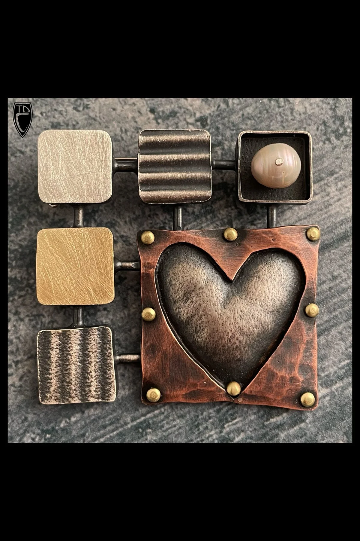 “♥️(√81) Matrix”, Sterling Silver, Copper, Brass and Pearl Brooch