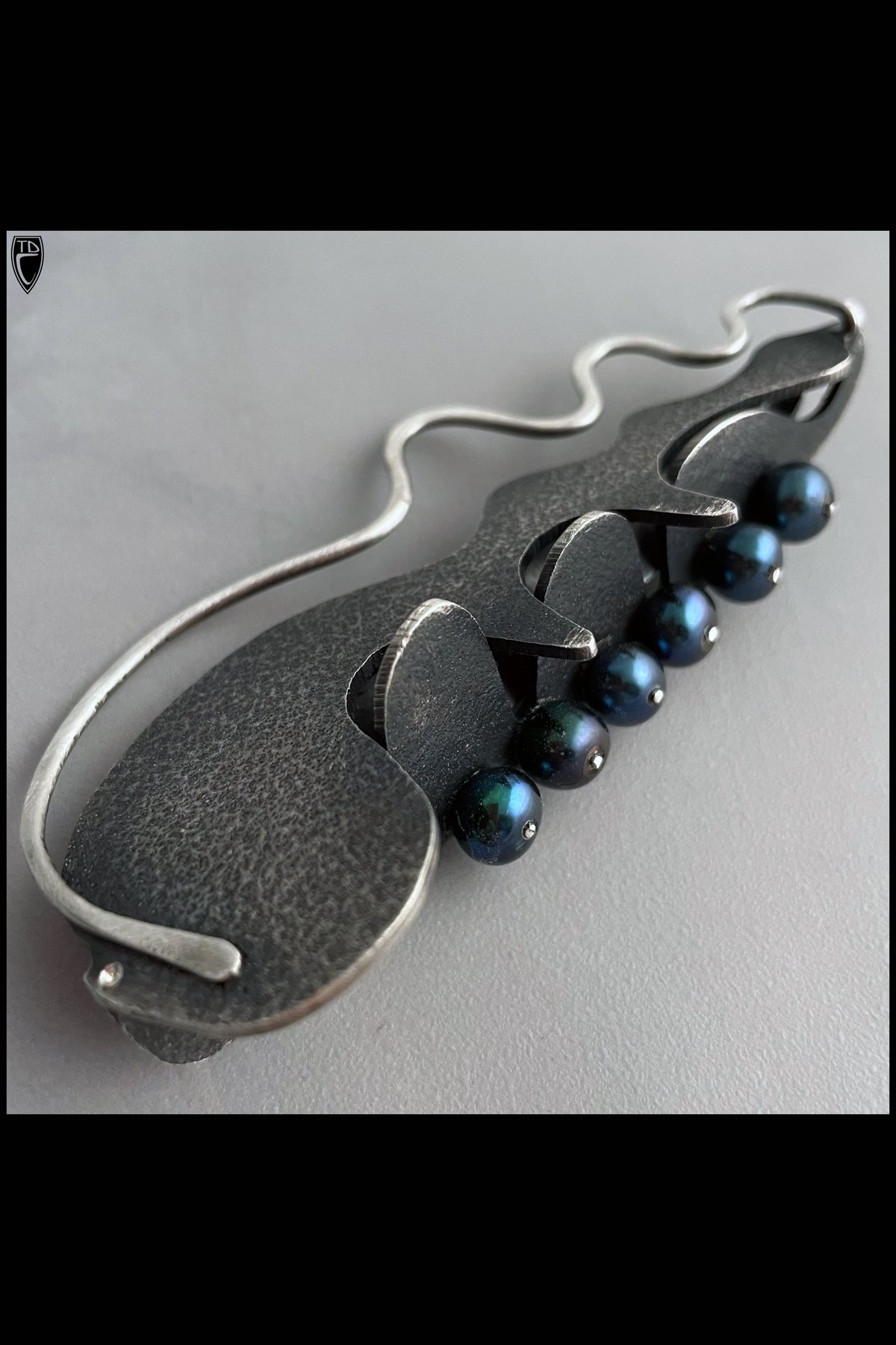 "Opposing Planes", Forged, Fabricated and Textural Sterling Silver, Fresh Water Black Pearl Brooch/Pendant