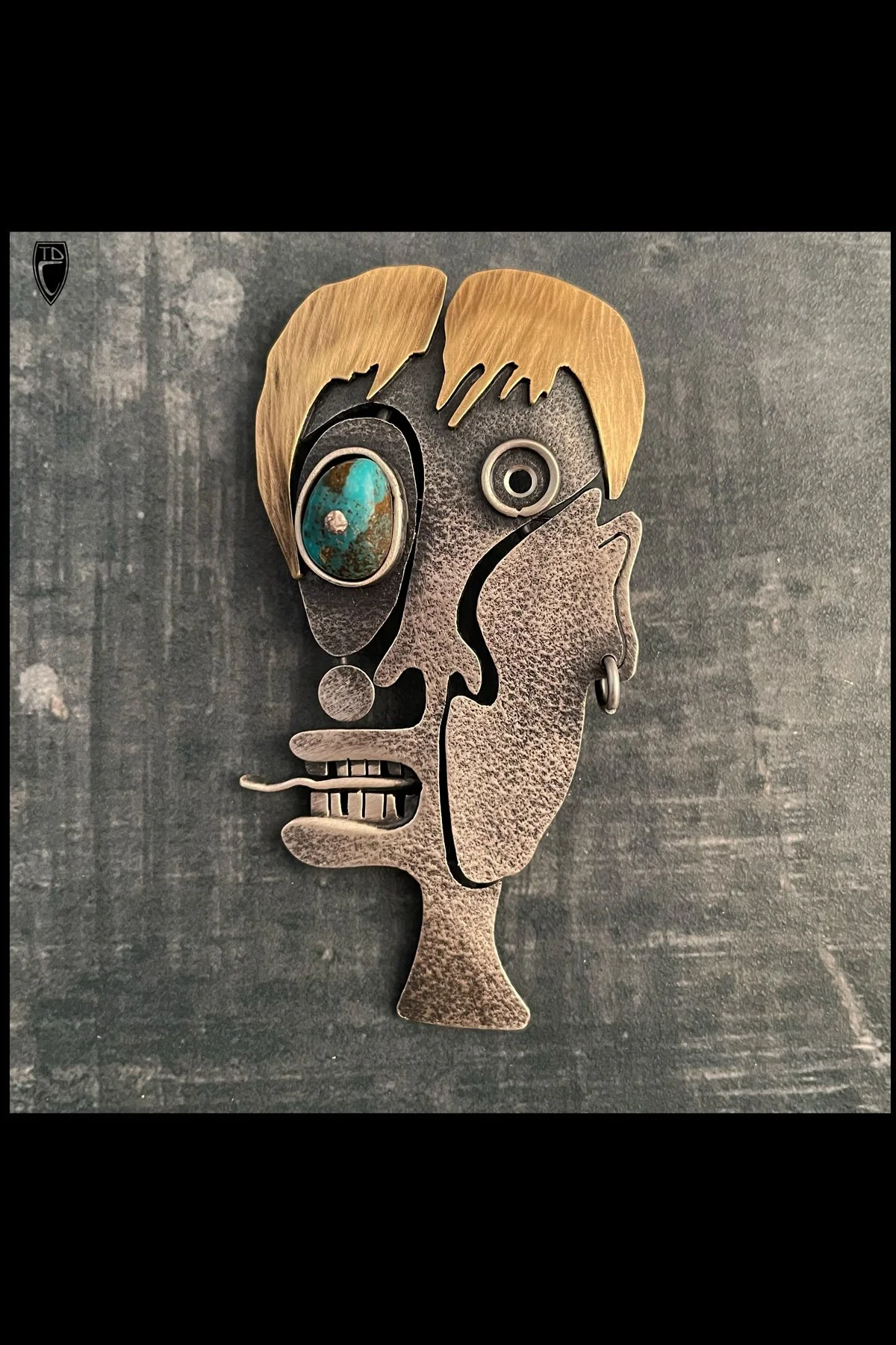 "This May or May Not be a Self Portrait", Sterling Silver, Brass and Turquoise Face Brooch/Pendant