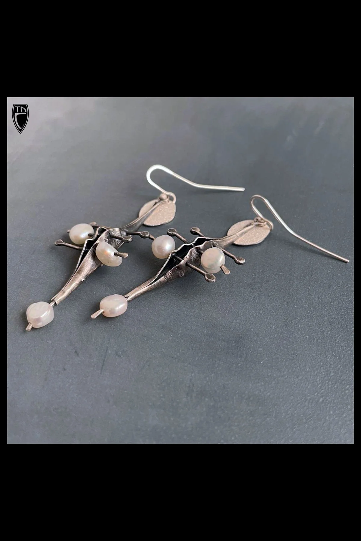 Studded Organic Pod Formed Sterling Silver and Pearl Earrings
