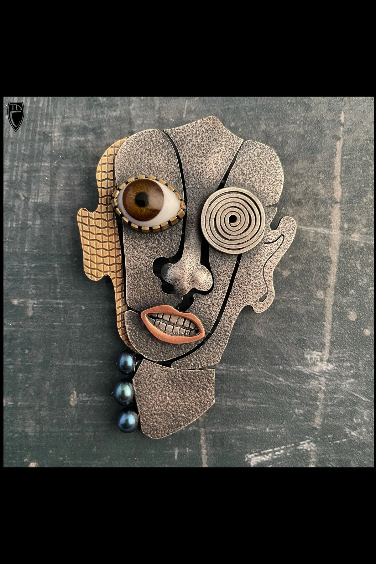 "Brown Eyed", Sterling Silver, Brass, Copper, Antique Brown Glass Doll's Eye and Pearl Brooch/Pendant