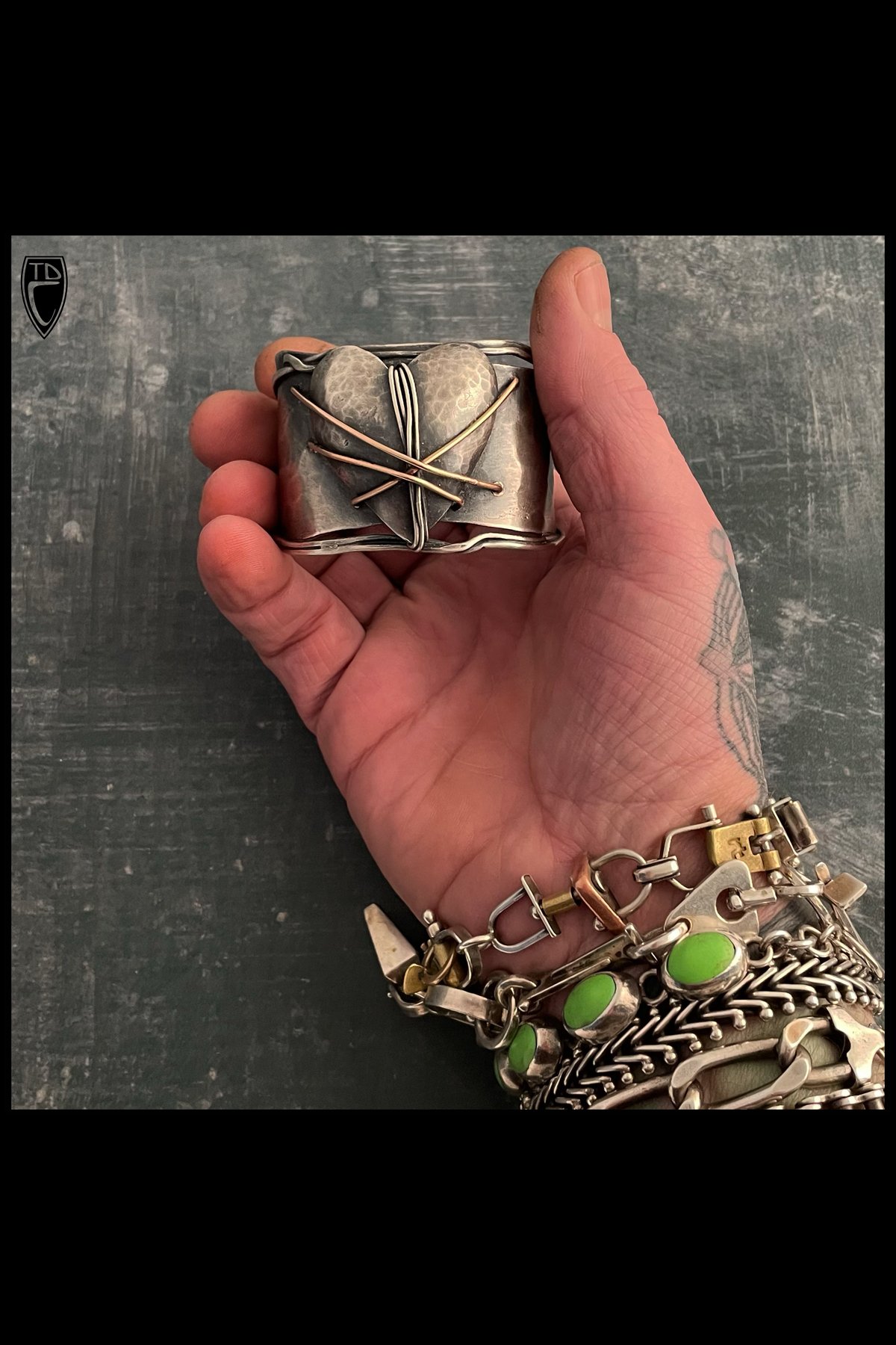 Hammered Sterling Silver and Bronze Heart Cuff