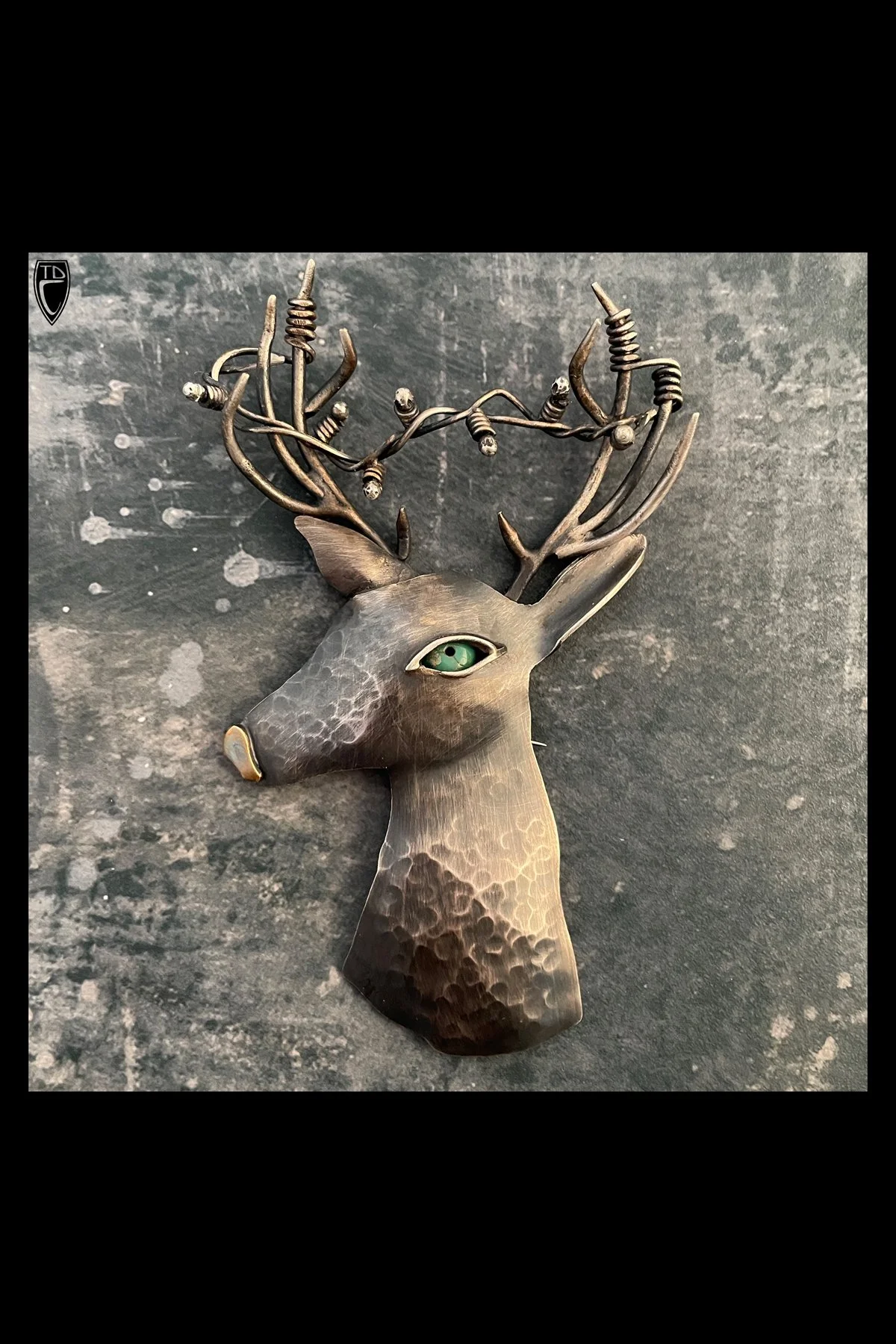 "Please Don't String Christmas Lights in the Deer's Antlers", Sterling Silver, Brass, Turquoise and Steel Brooch