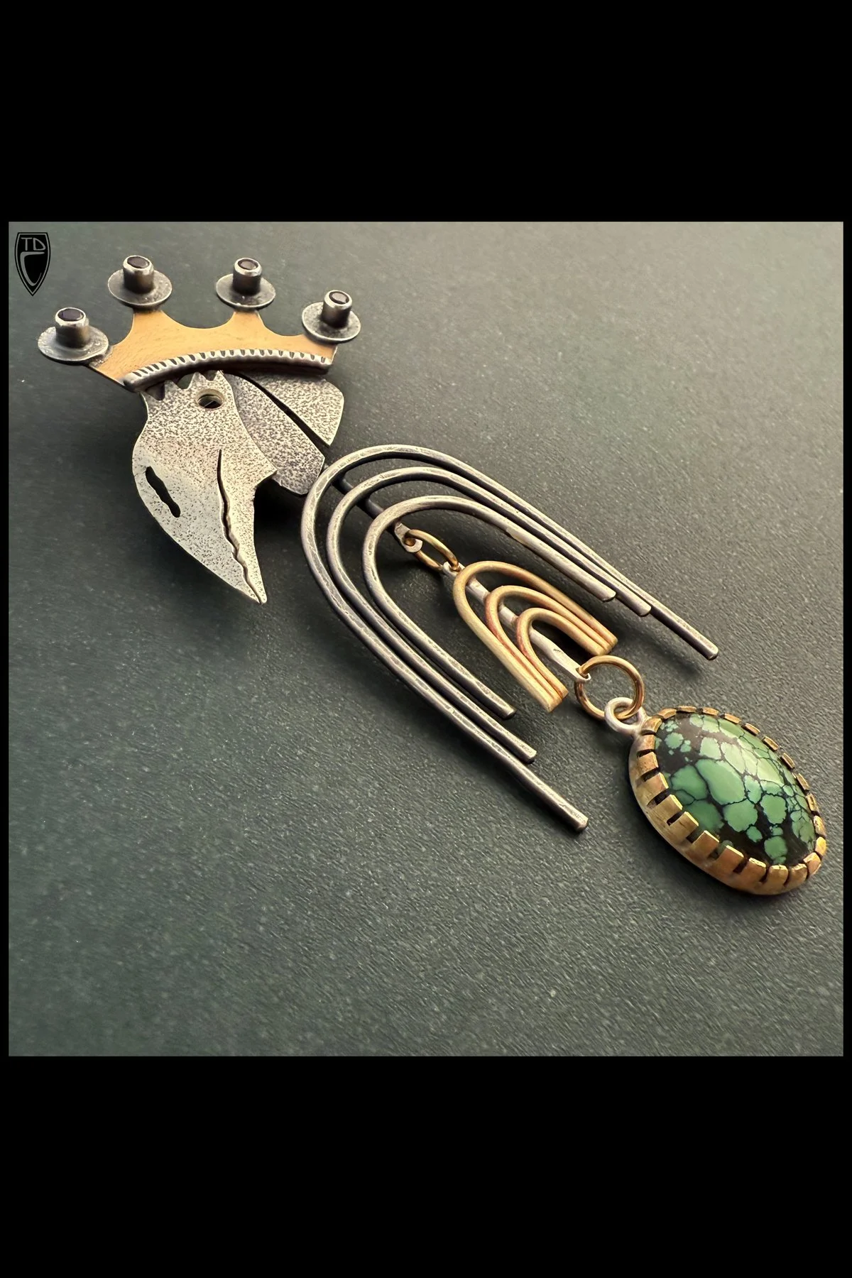 "Crowned", Sterling Silver, Brass, Amethyst and Turquoise Kinetic Abstract Bird Brooch/Pendant