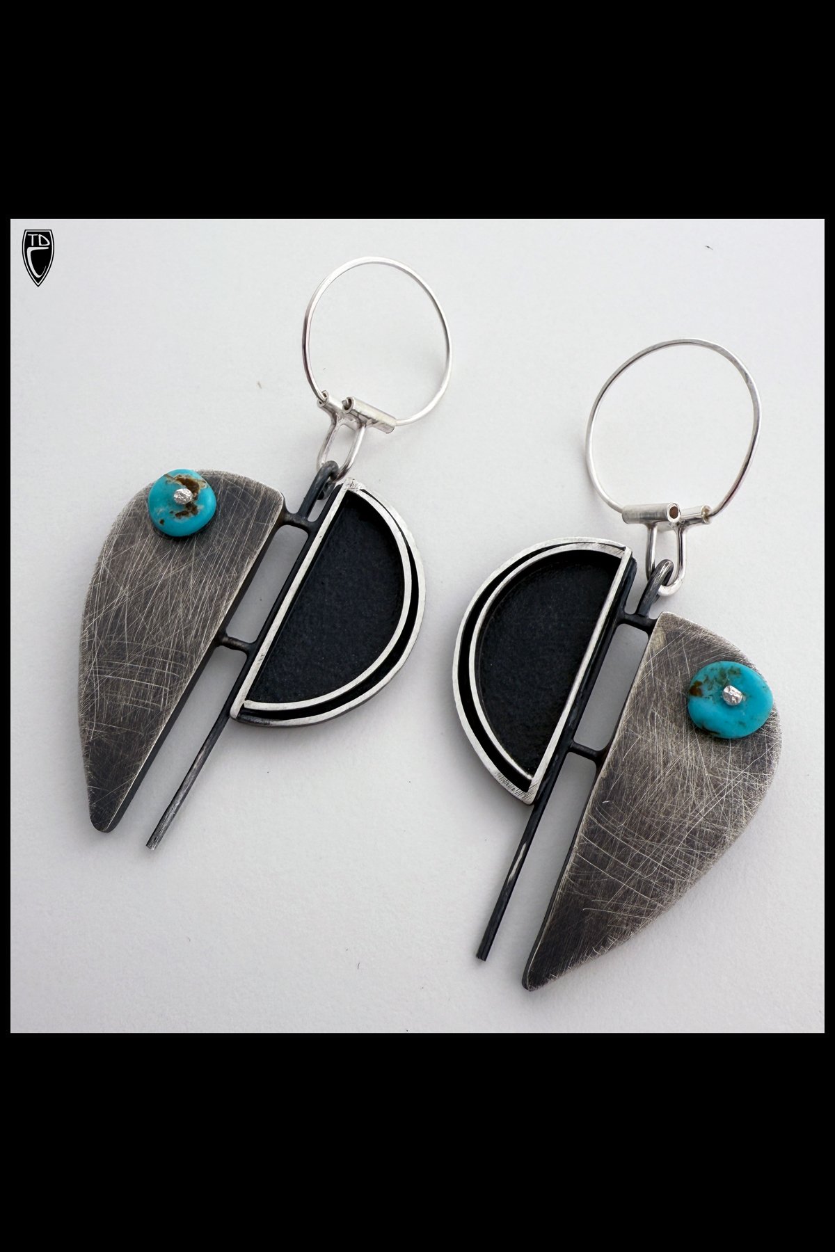 Forged Hoop Sterling Silver and Turquoise Element Statement Earrings