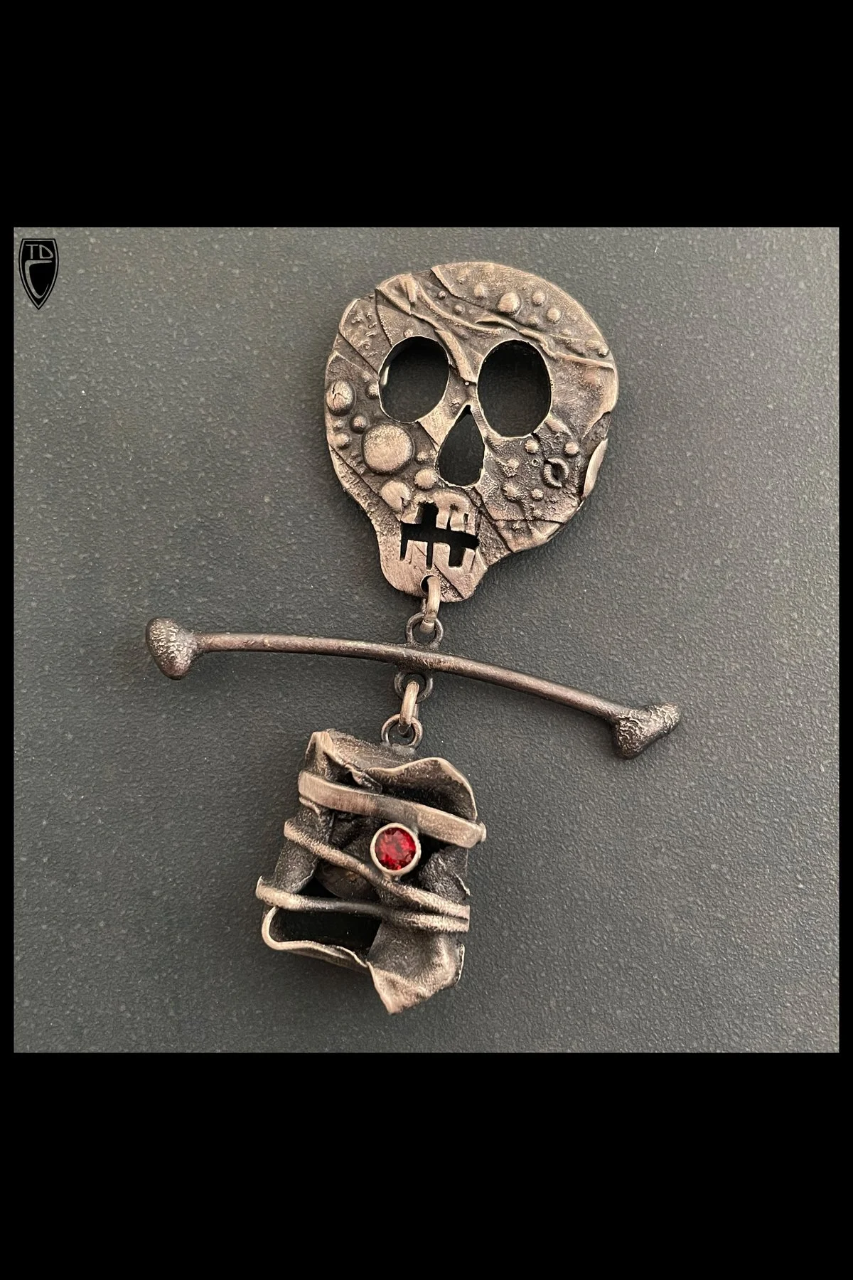 "BFF's", Sterling Silver and Garnet Skull and Bone Brooch 2