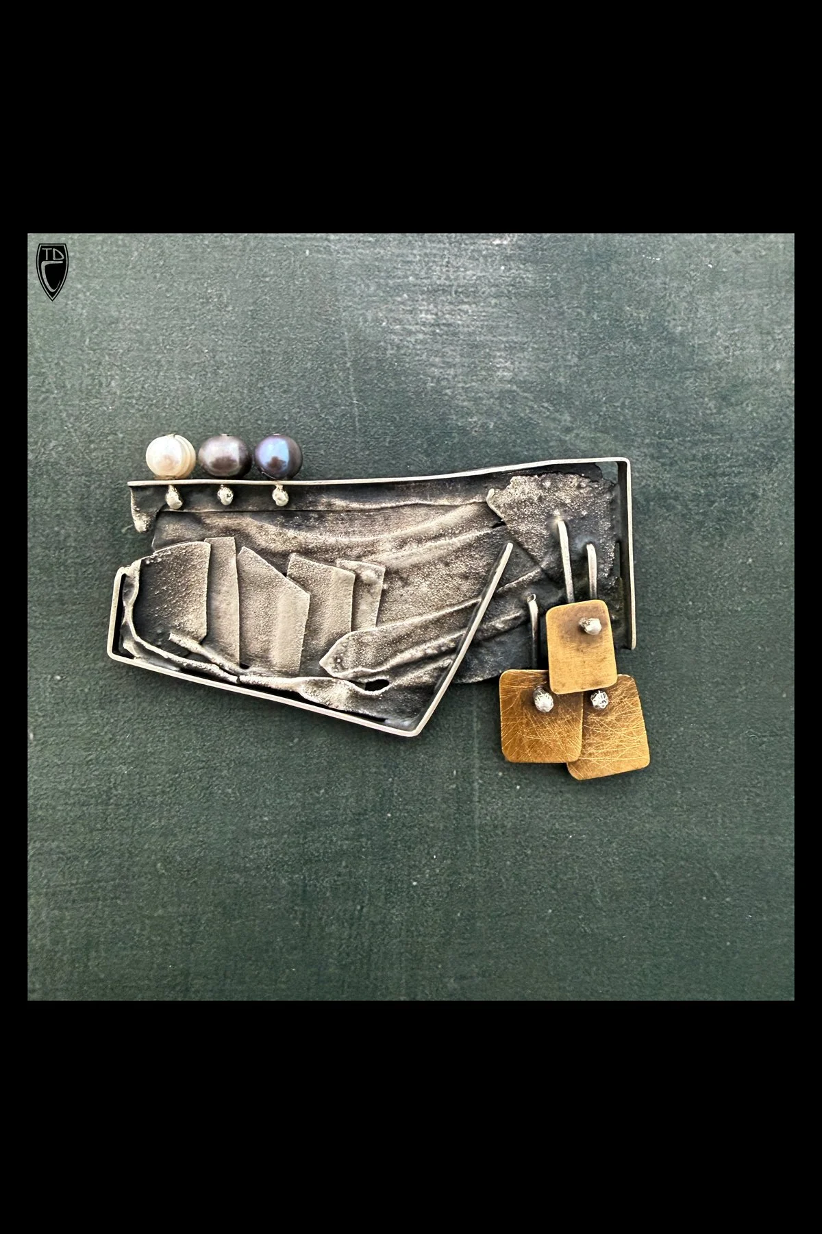 "Three", Sterling Silver, Brass and Pearl Brooch