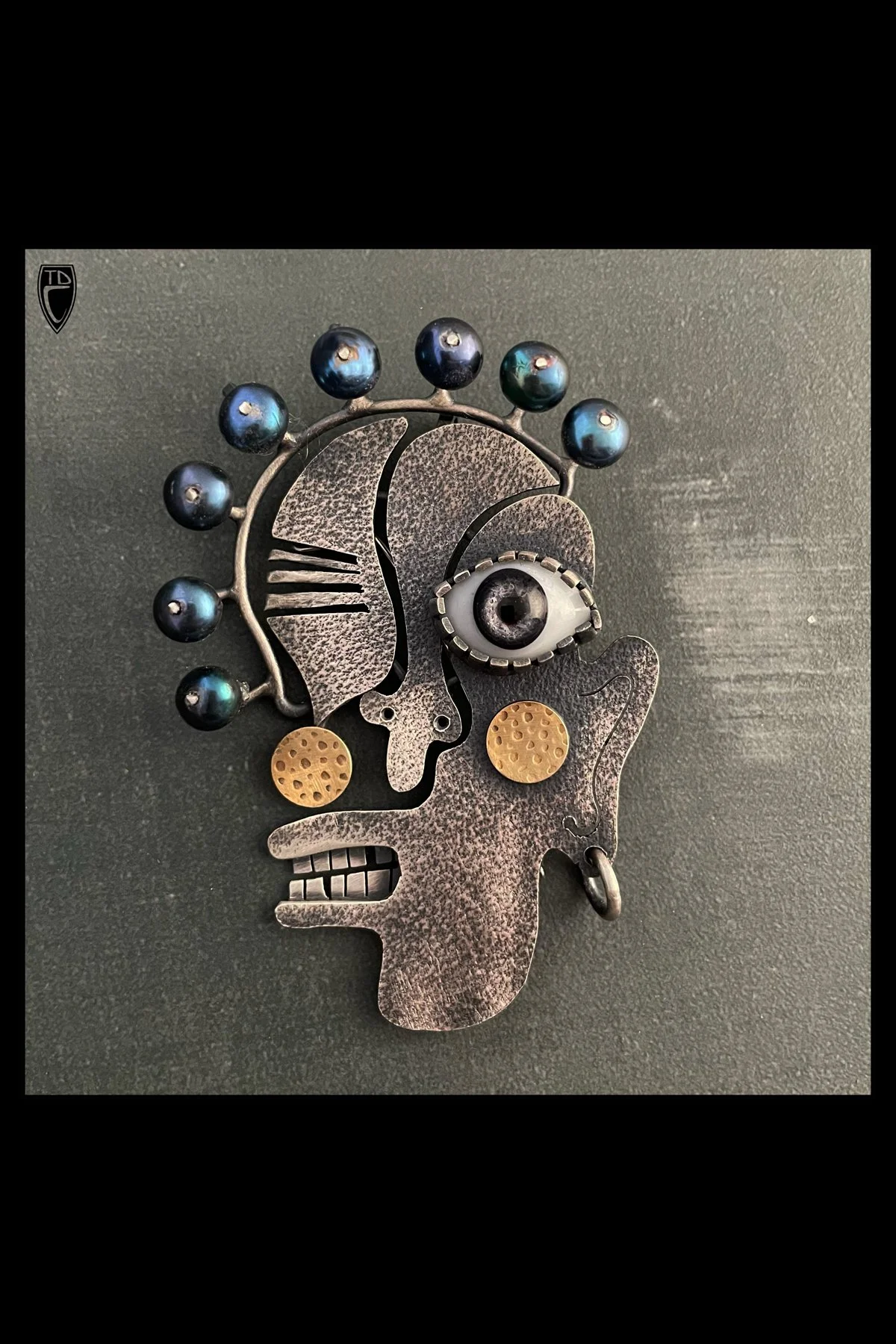 "Crown", Sterling Silver, Brass, Antique Glass Doll's Eye and Pearl Split Face Brooch/Pendant