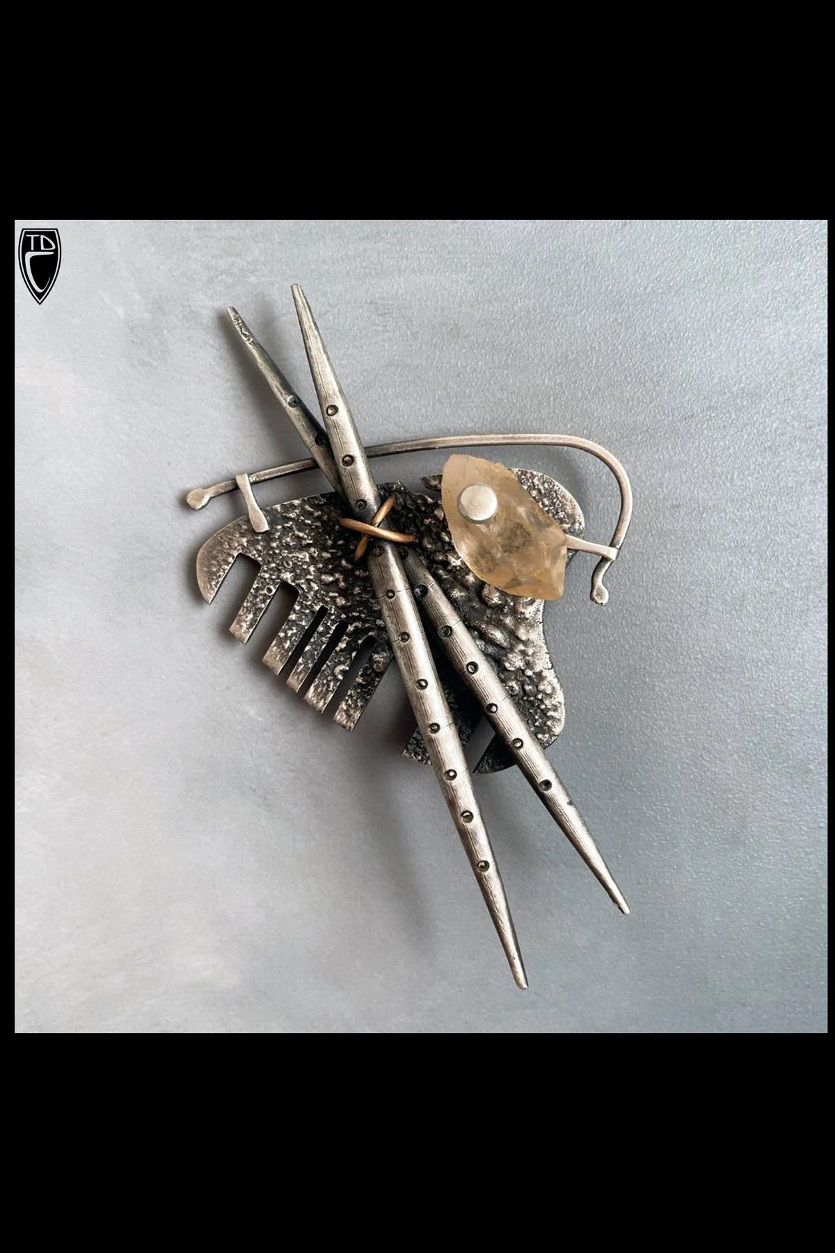 Sterling Silver, Bronze and Feldspar Crystal Brooch/Pendant