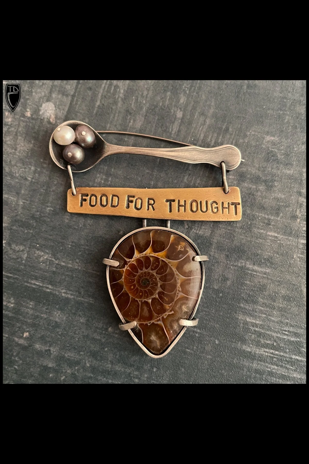 "Food for Thought", Sterling Silver, Brass, Antique Sterling Salt Spoon, Pearls and Ammonite Fossil