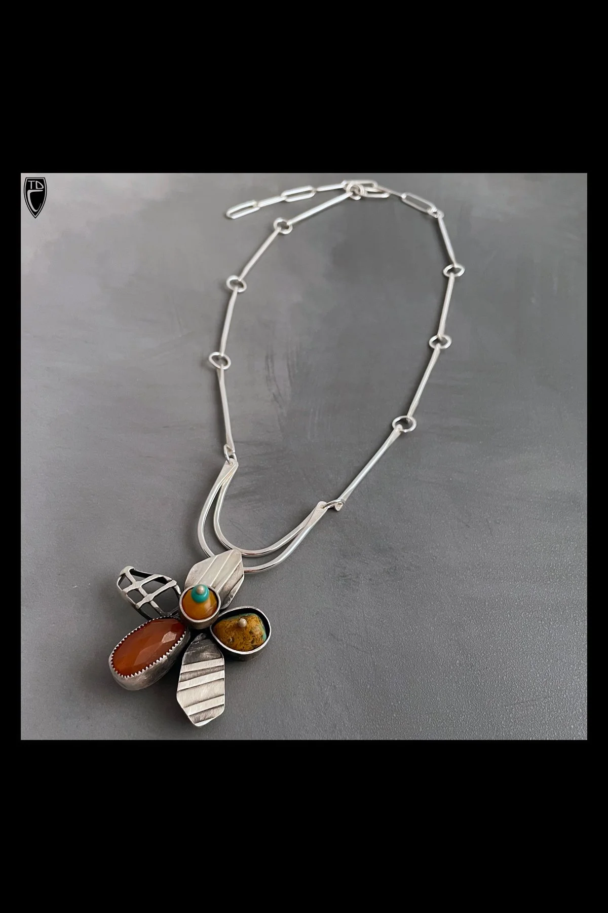 "Flower" Neckpiece II, Sterling Silver, Carnelian, Turquoise and Aventurine