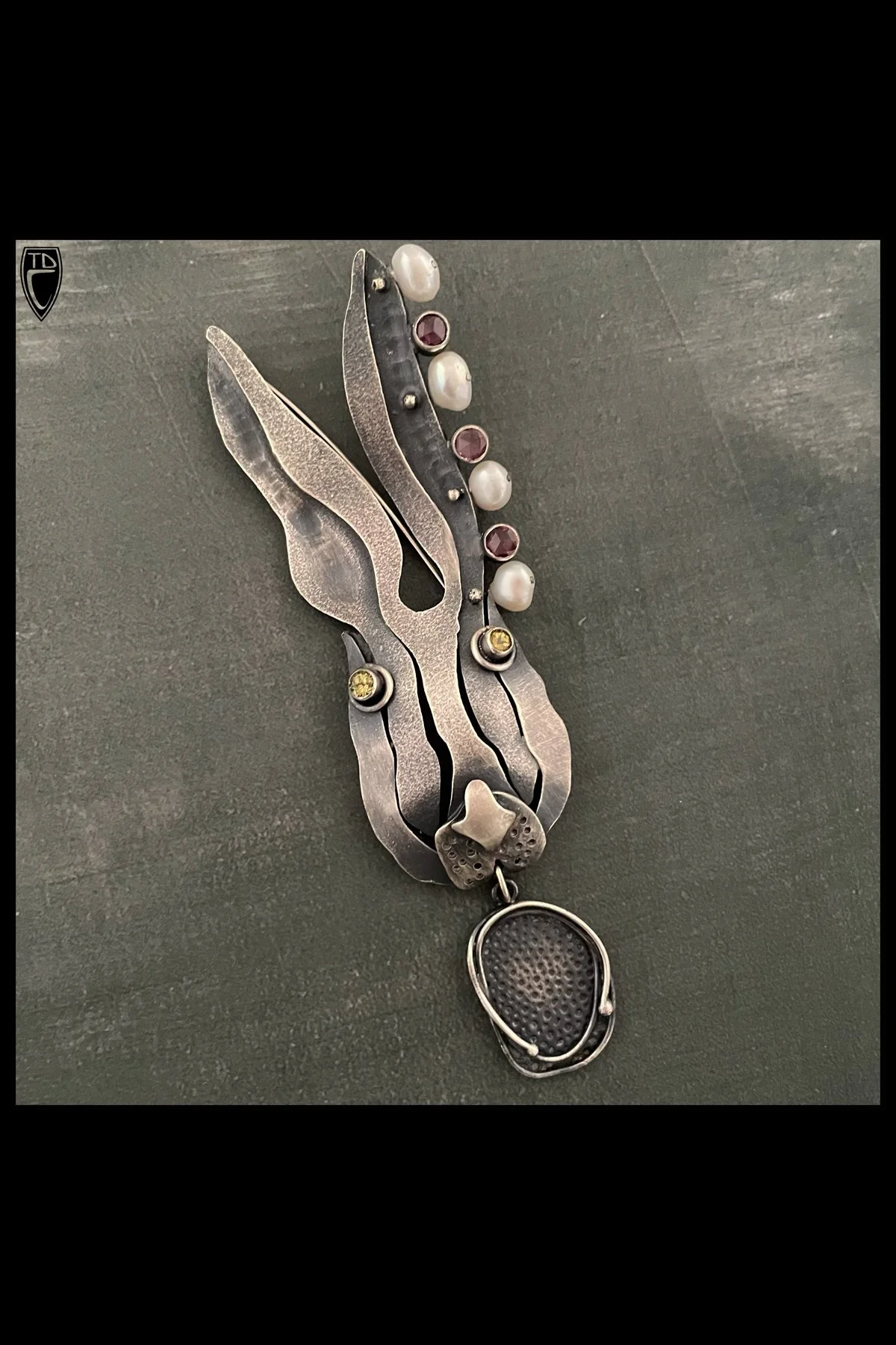 "Memories of Old Rabbits", Sterling Silver, Tourmaline and Pearl Brooch