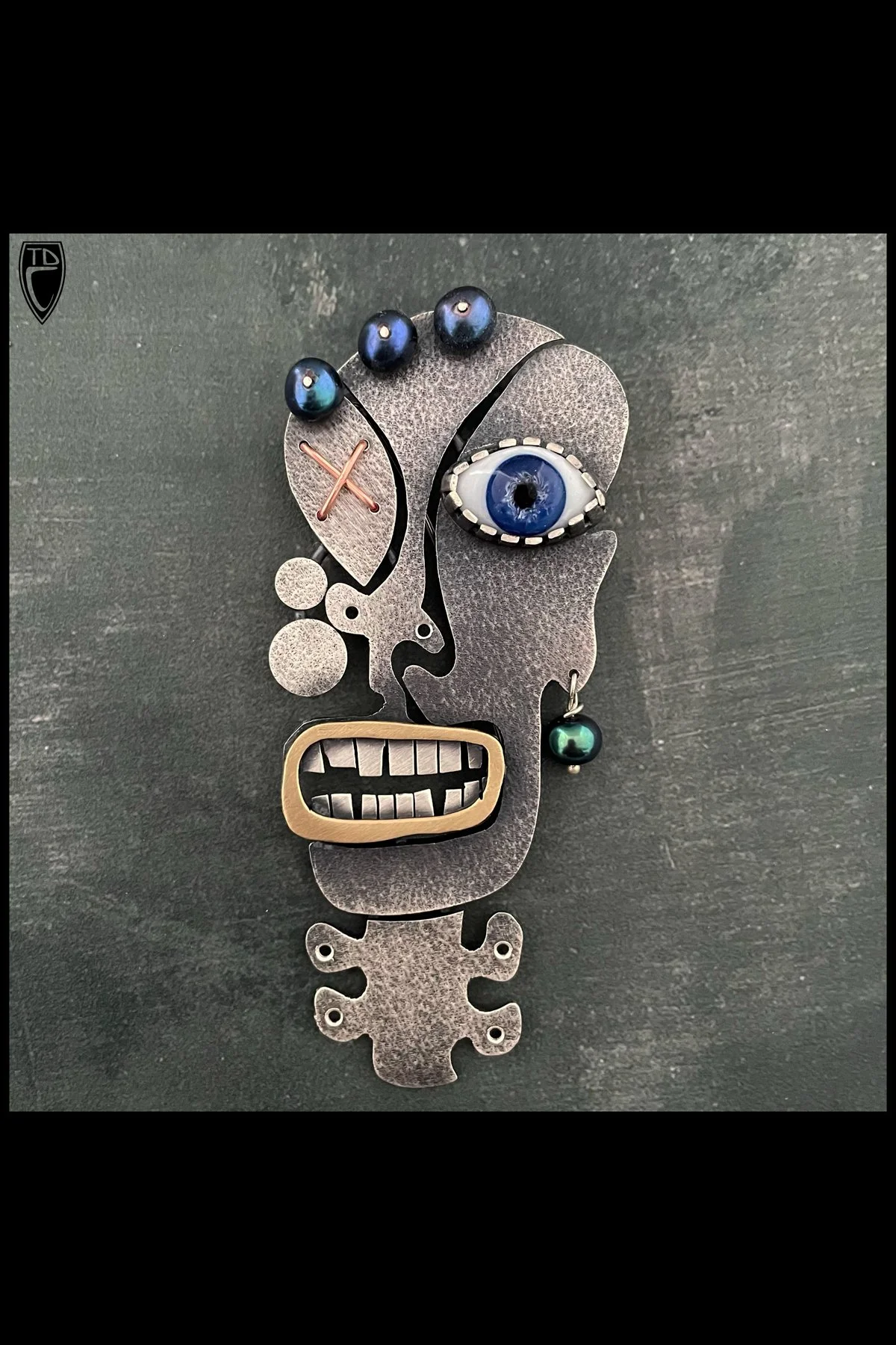 "Ugh! It's Gonna be One of THOSE Days", Sterling Silver, Brass, Copper, Glass and Pearl Face Brooch/Pendant