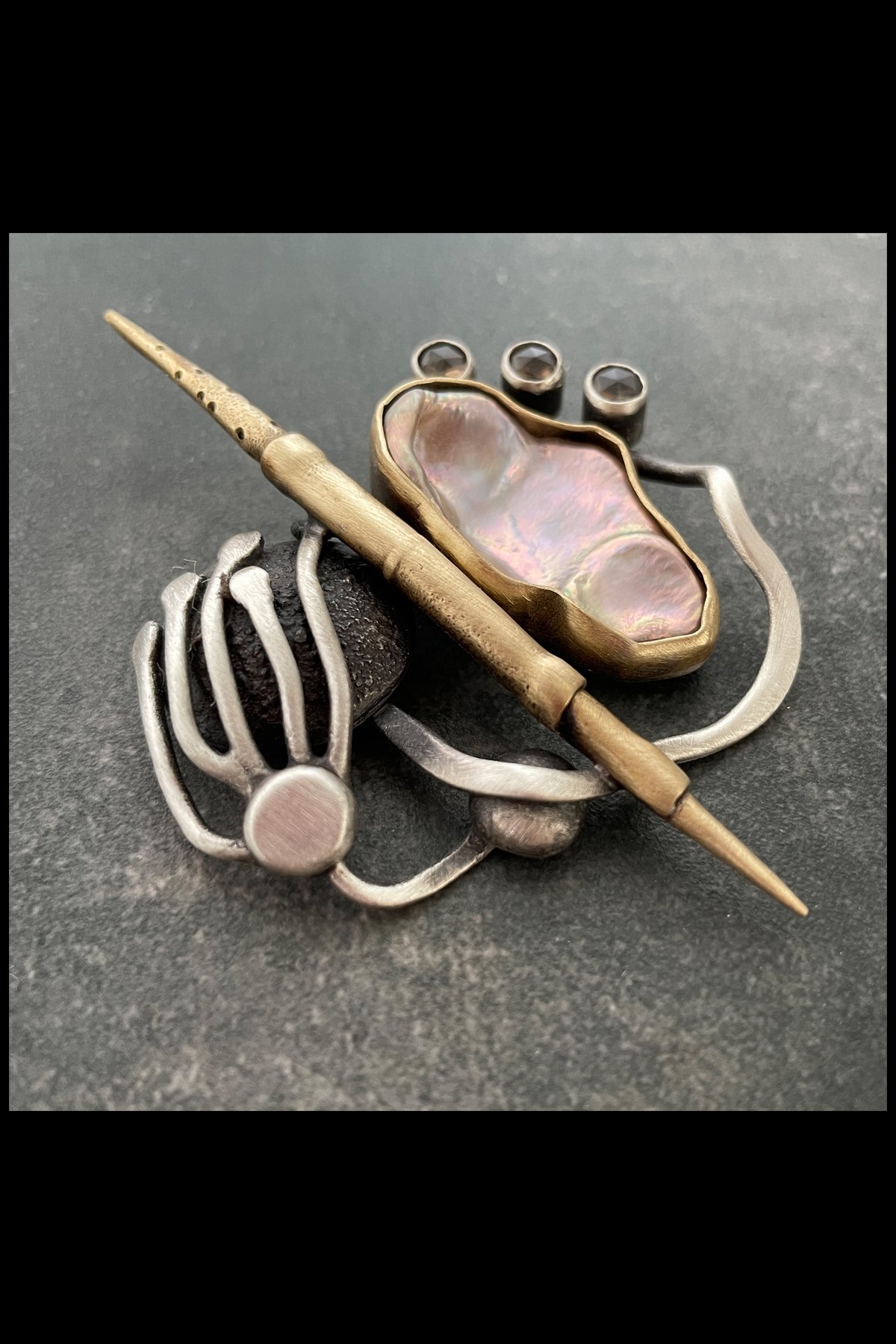 Sterling Silver, Brass, Smokey Quartz, Pearl and Steel Brooch