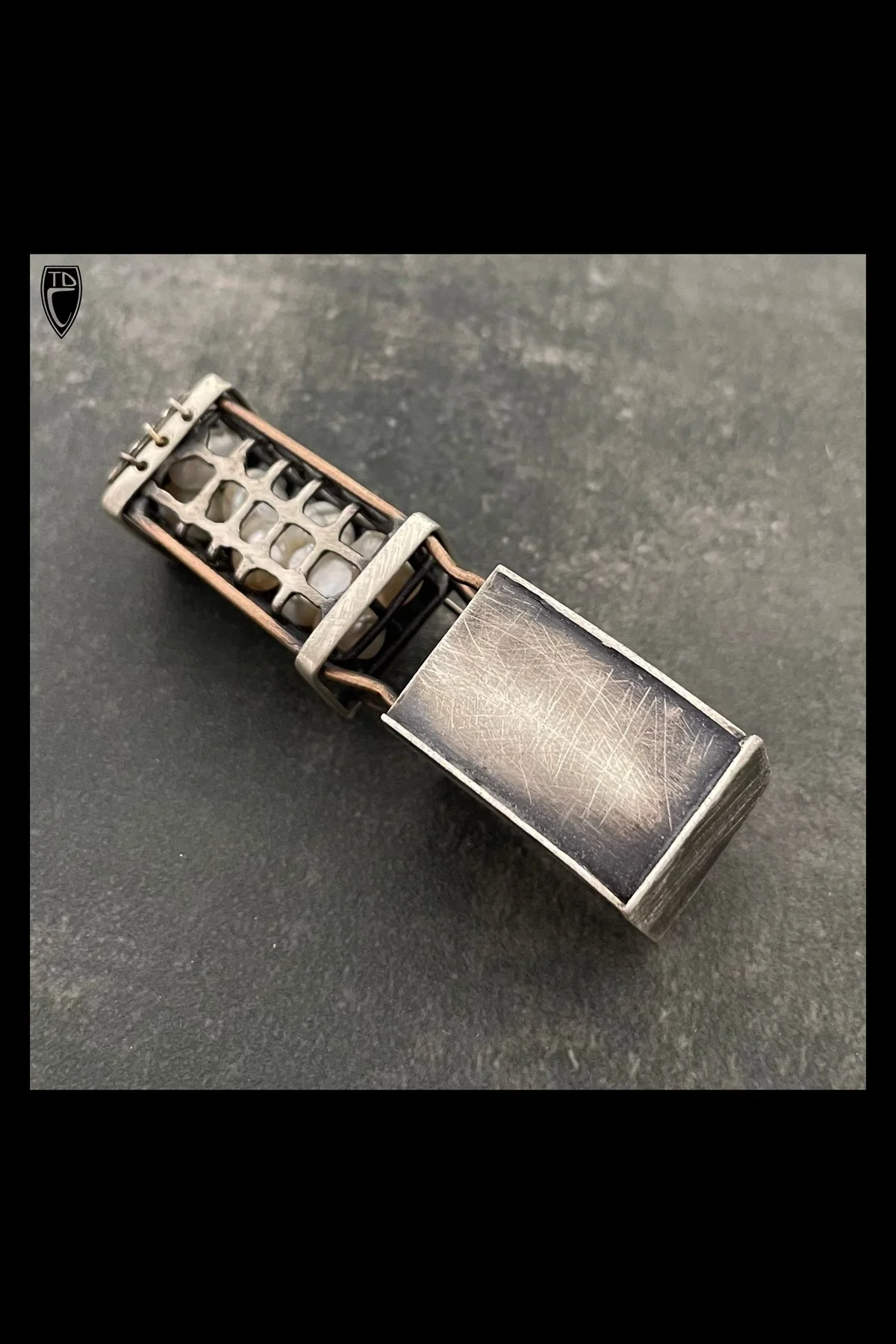 Sterling Silver and Bronze Caged Pearl Sculptural Brooch