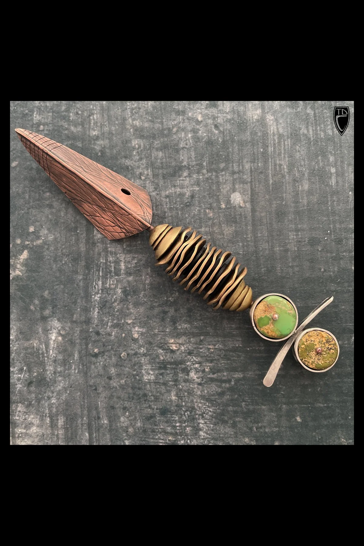 "Abstract Fish", Brass, Copper, Sterling Silver, Turquoise and Steel Brooch/Pendant