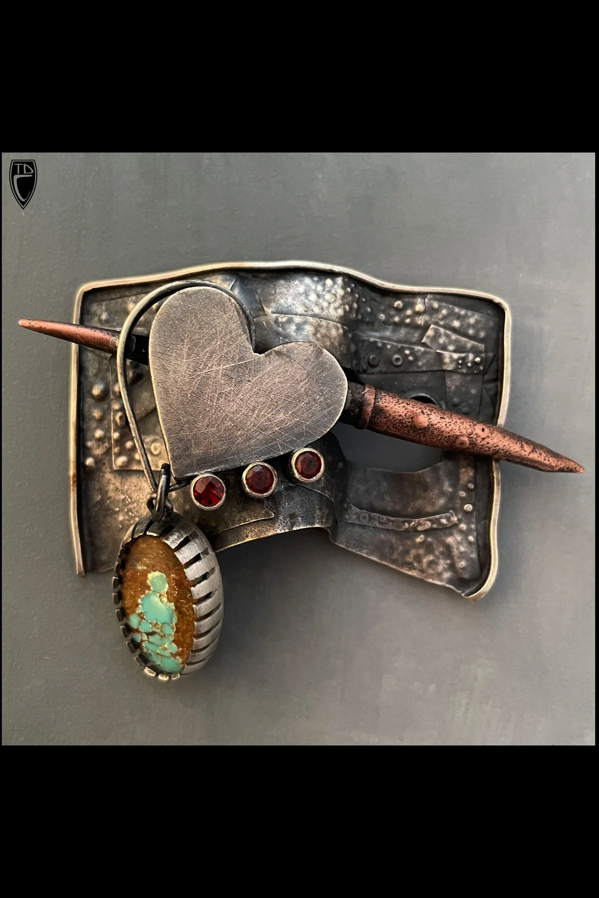 Sterling Silver, Copper, Garnet and Turquoise Heart Brooch