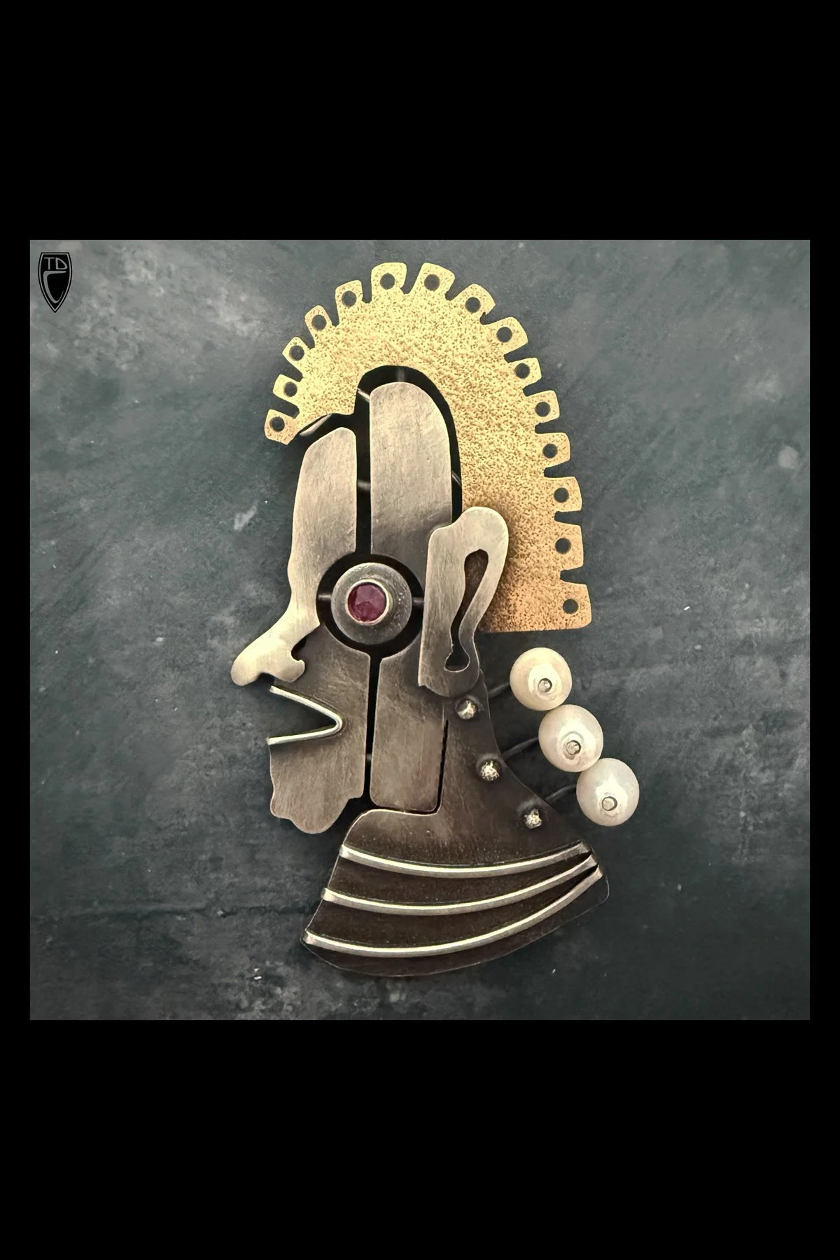"Still Becoming", Sterling Silver, Brass, Tourmaline and Pearl Brooch/Pendant