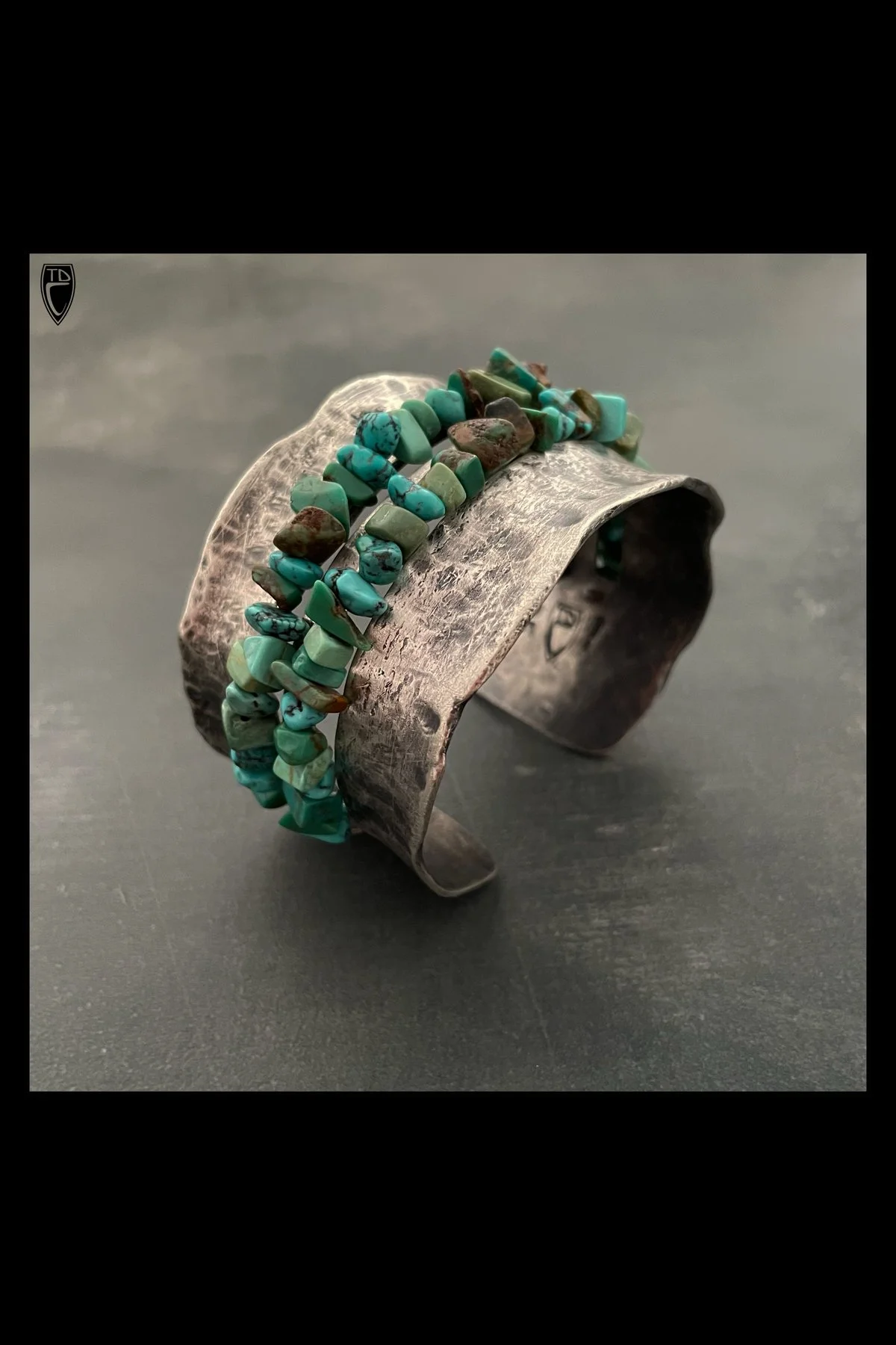 Hammered, Textural and Scratch Finished Sterling Silver and Arizona Turquoise Cuff