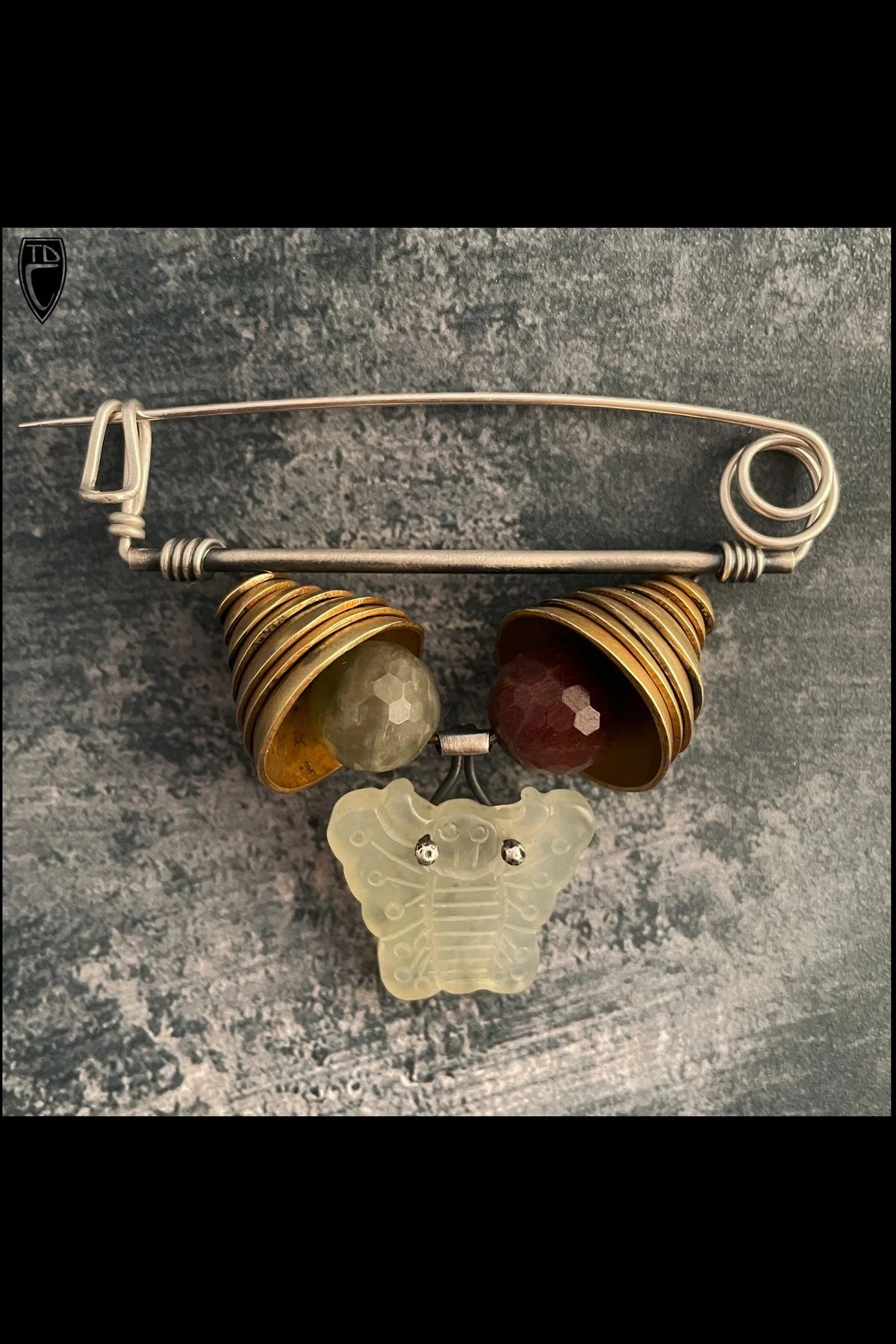 Sterling Silver, Brass, Vintage Chinese Carved Jade Butterfly and Agate Fibula Pin