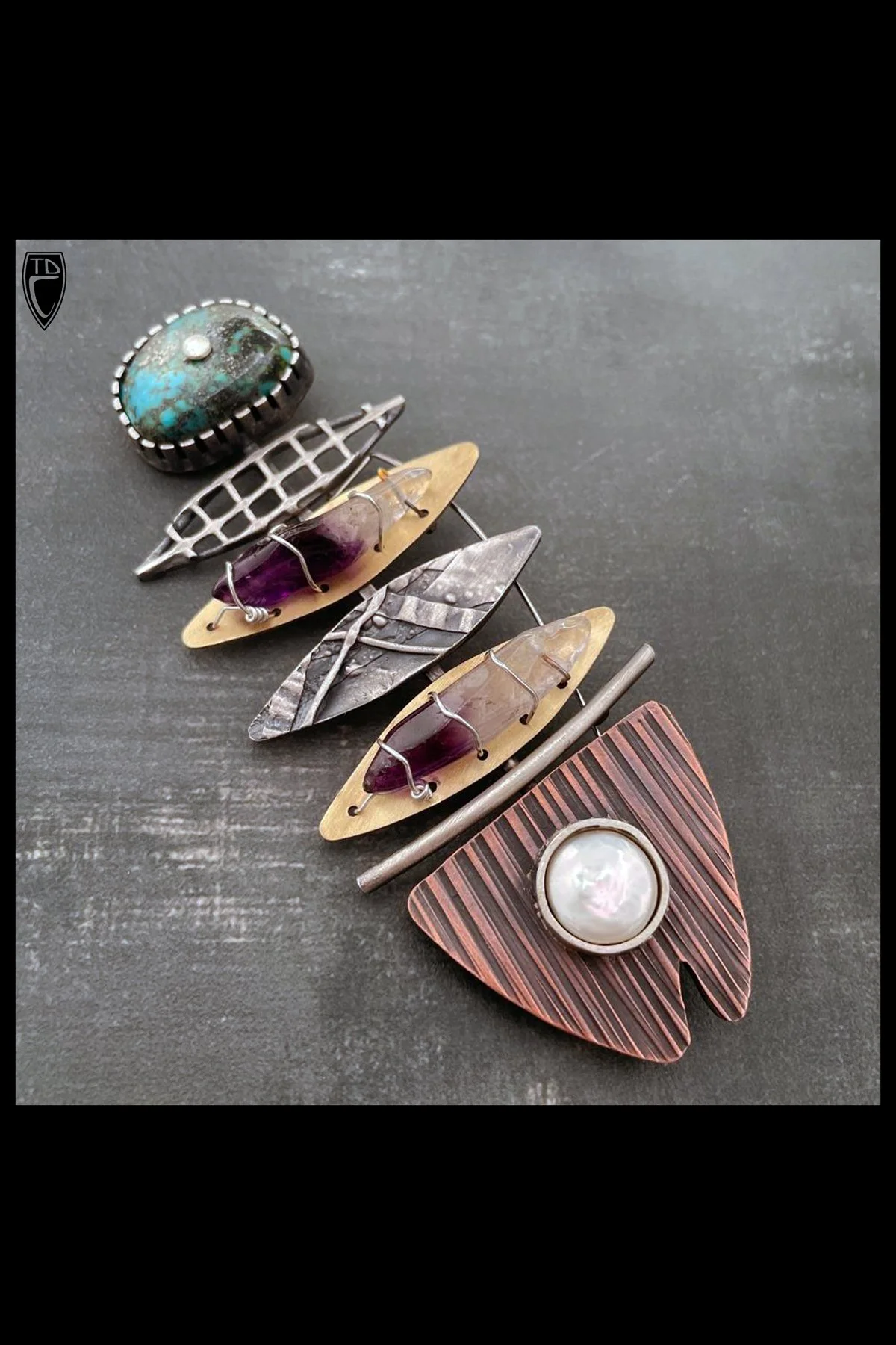 "Party Fish II", Sterling Silver, Brass, Copper, Amethyst, Turquoise  and Pearl Brooch/Pendant