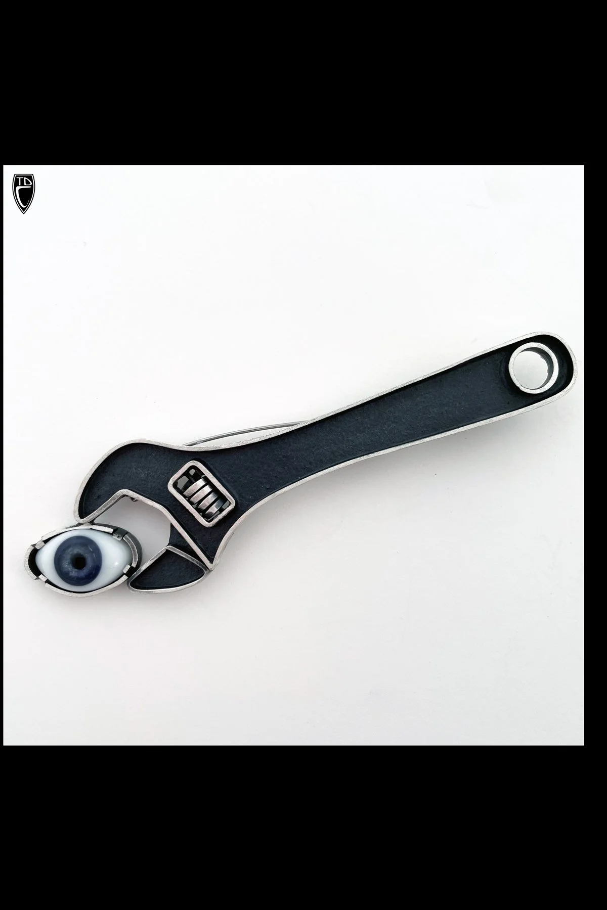 One of a Kind "Fixed Gaze", Sterling Silver Fabricated Crescent Wrench, Antique Glass Doll's Eye and Steel Brooch Pendant