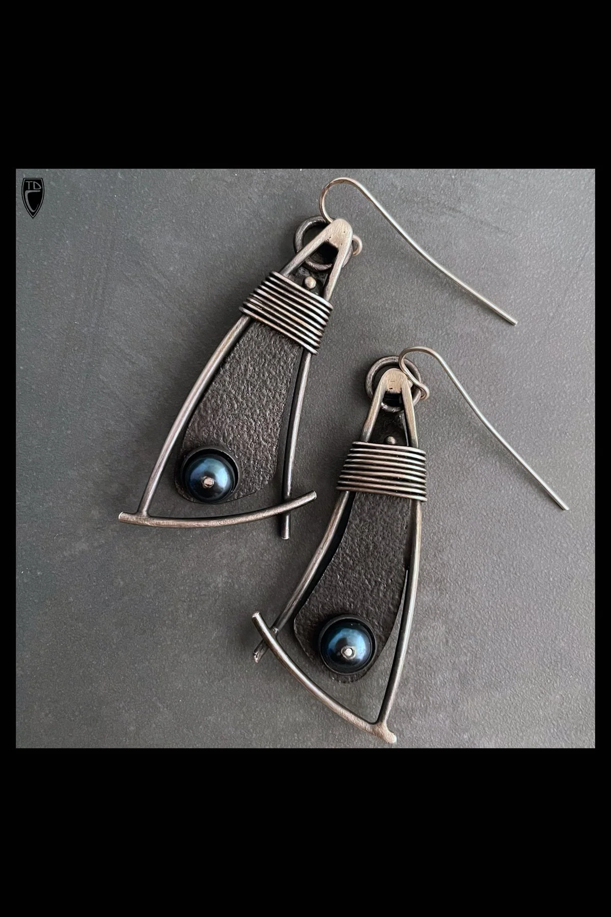 One of a kind Sterling Silver and Black Pearl "Sail" Earrings