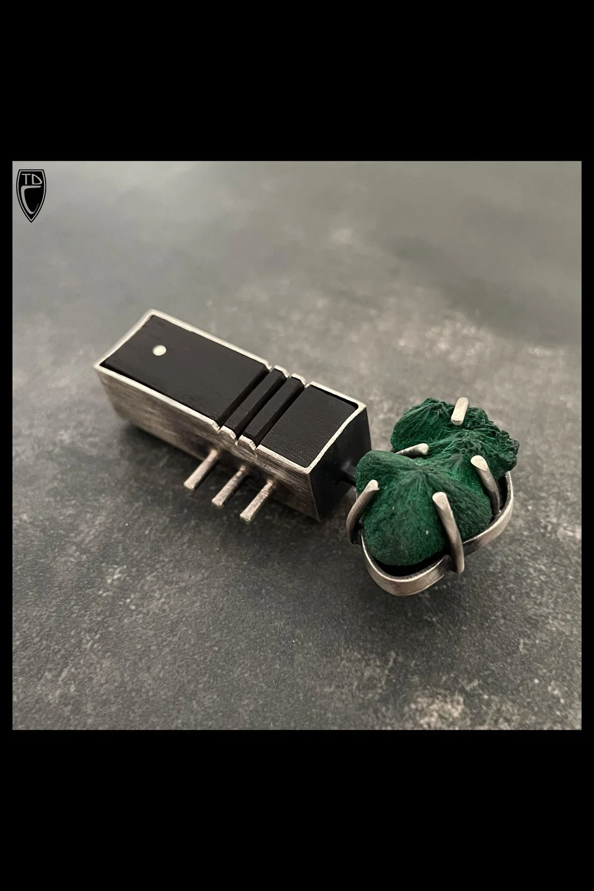 "Ode to Modernism", Sterling Silver, Ebony, Fibrous Malachite Druzy Specimen and Steel Brooch/Pendant