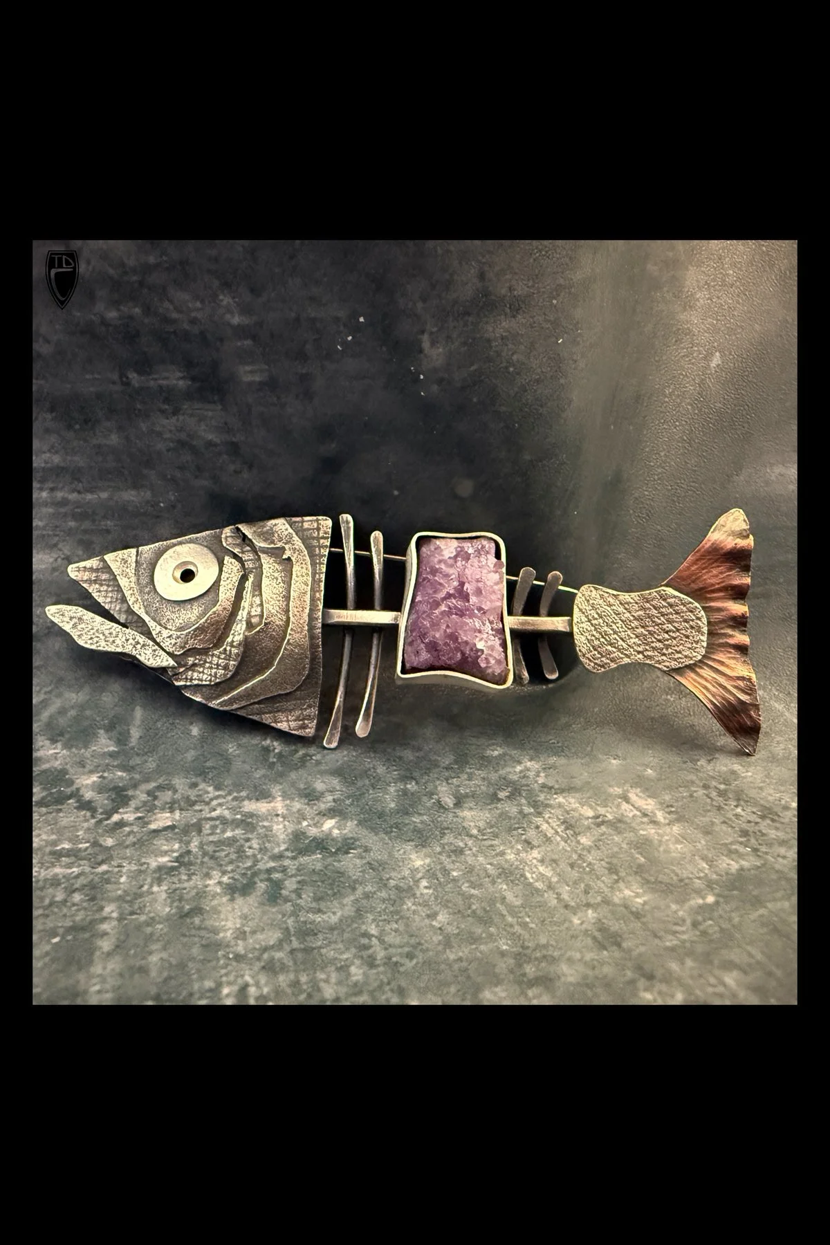 "It Must Have Been Something I Ate", Sterling Silver, Copper and Amethyst Fish Brooch/Pendant