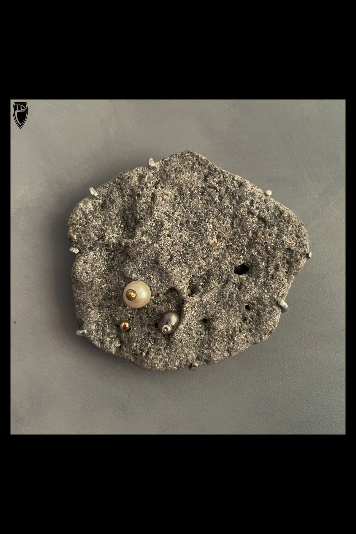 Sterling Silver, 14k gold, Pearl and Tumbled Sea Shell Brooch