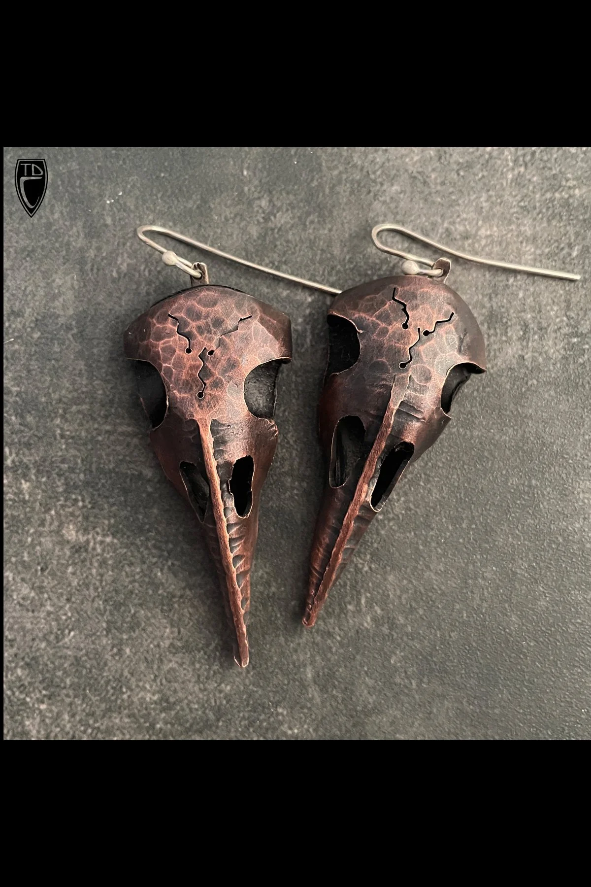 Hammer raised, Hollow Formed and Fold Formed Copper Raven Skull Earrings