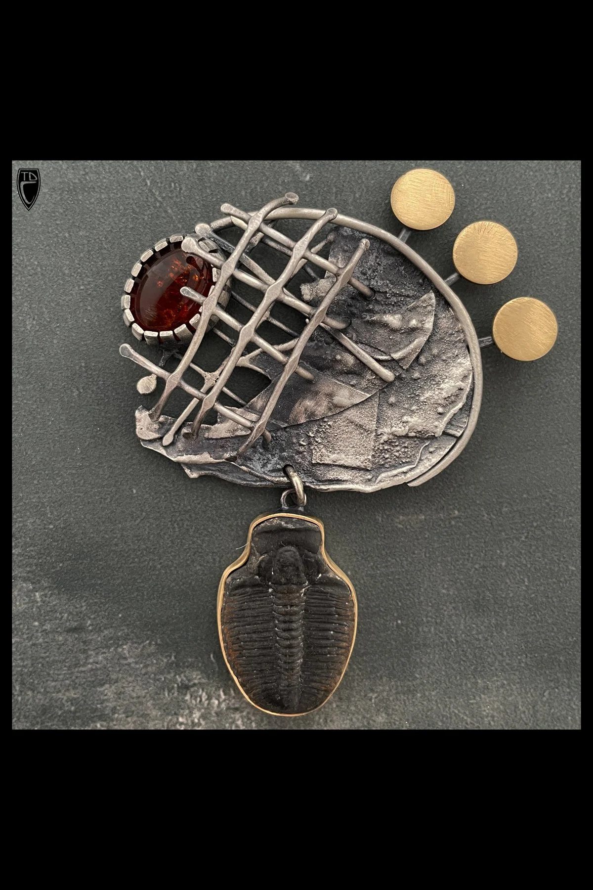 "Echos of Past", One of a Kind Sterling Silver, Brass, Baltic Amber and Trilobite Fossil Brooch/Pendant