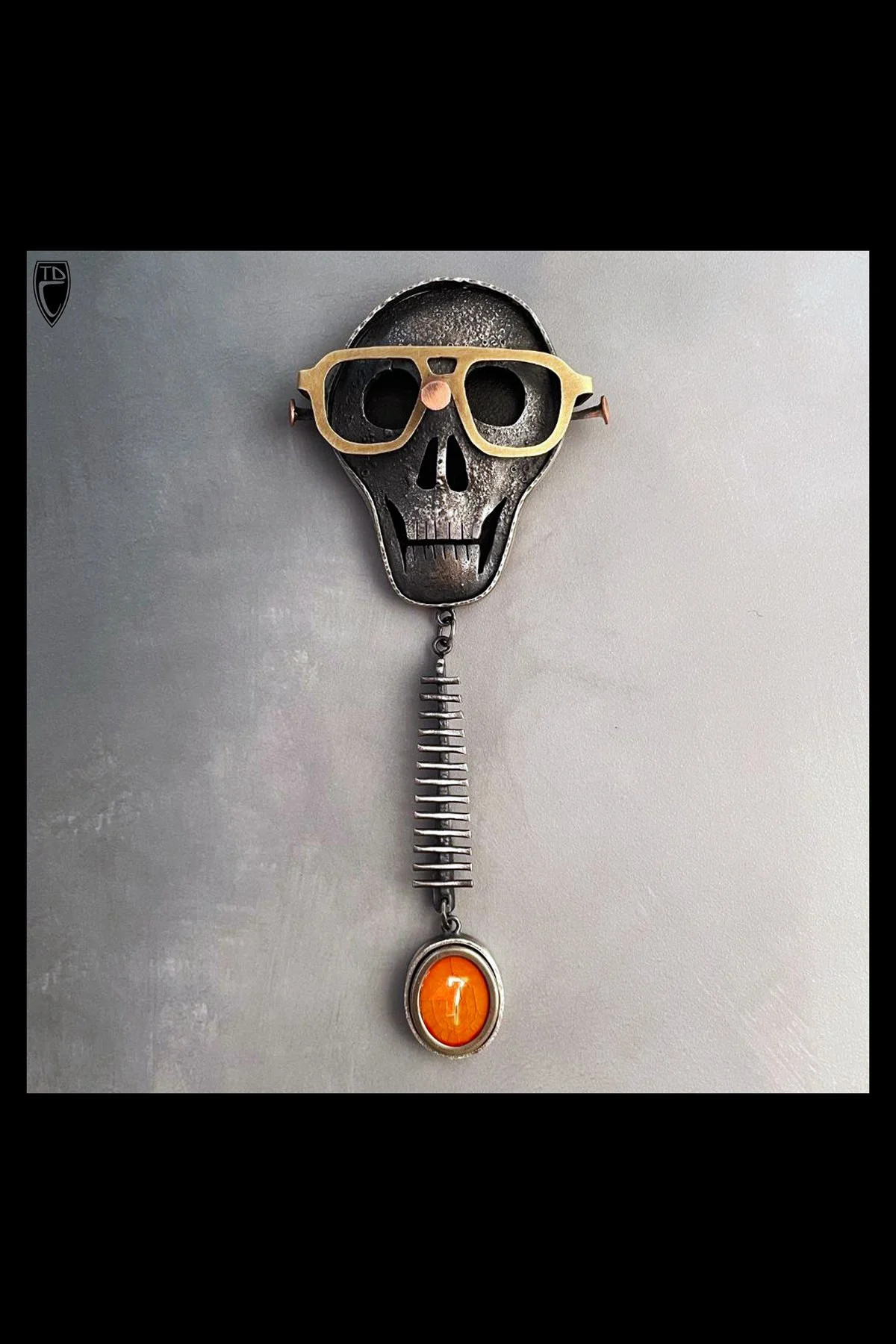 "Marv", Sterling Silver, Brass, Copper, Copper Nails and Vintage Cash Register "7" Key Brooch Pendant