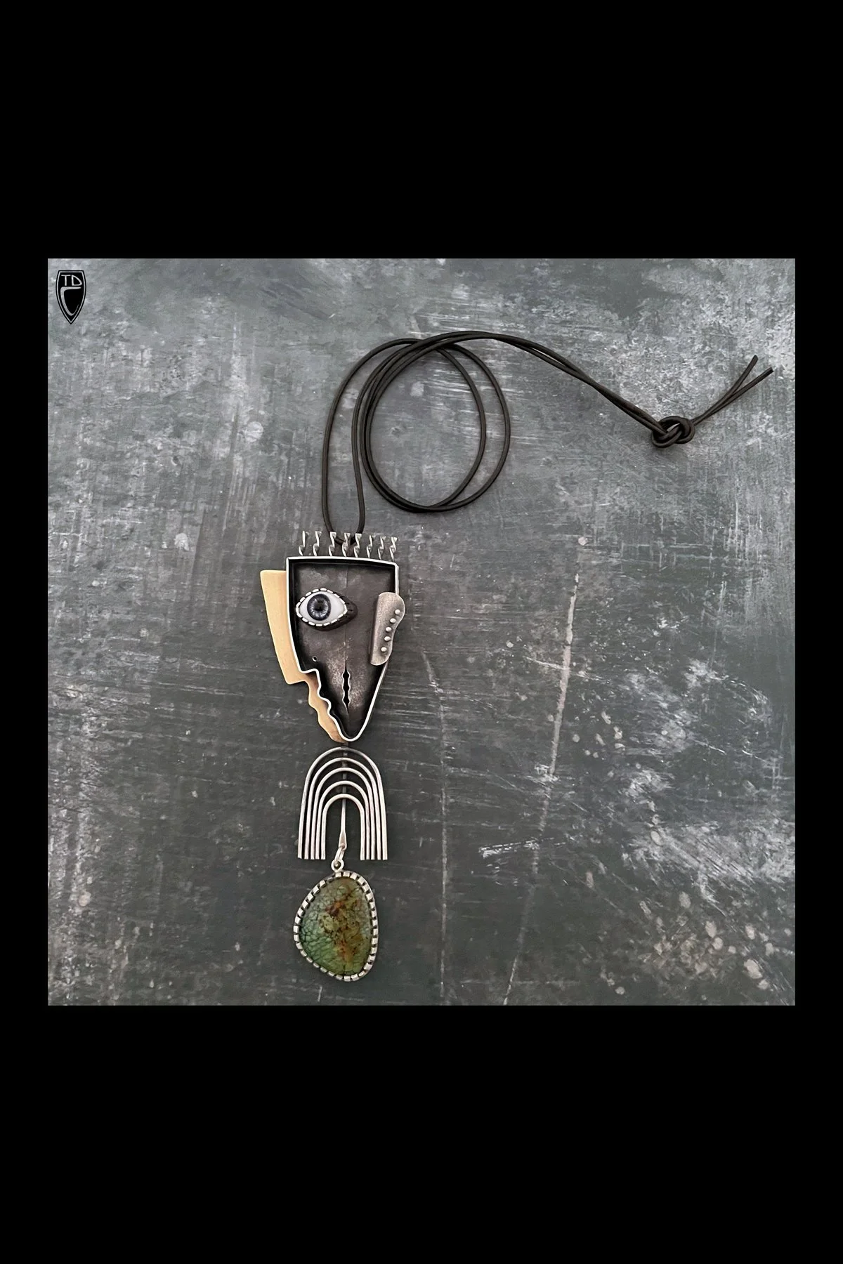 "Profile", Sterling Silver, Brass, Turquoise and Antique Glass Doll's Eye Abstract Face Brooch/Pendant