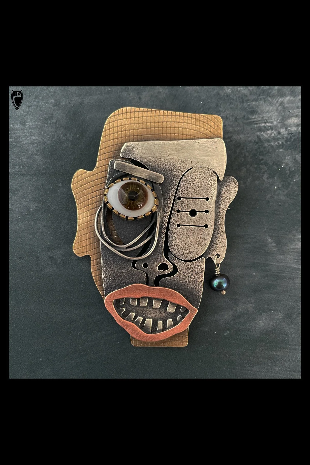 "Running on Empty", Sterling Silver, Brass, Copper, Pearl and Antique Glass Doll's Eye Face Brooch/Pendant