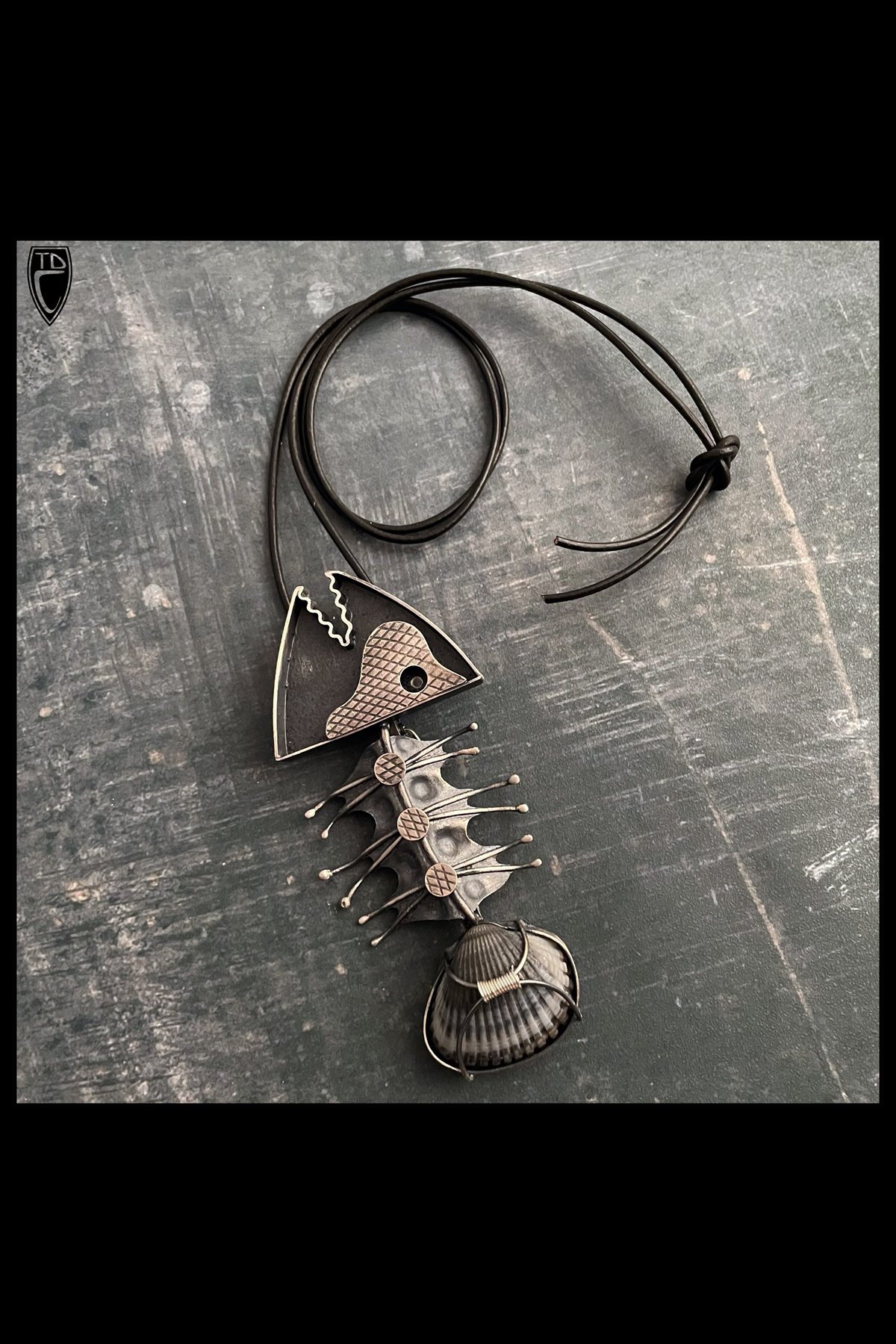 Sterling Silver, Found Seashell, and Steel Skeletal Fish Brooch/Pendant