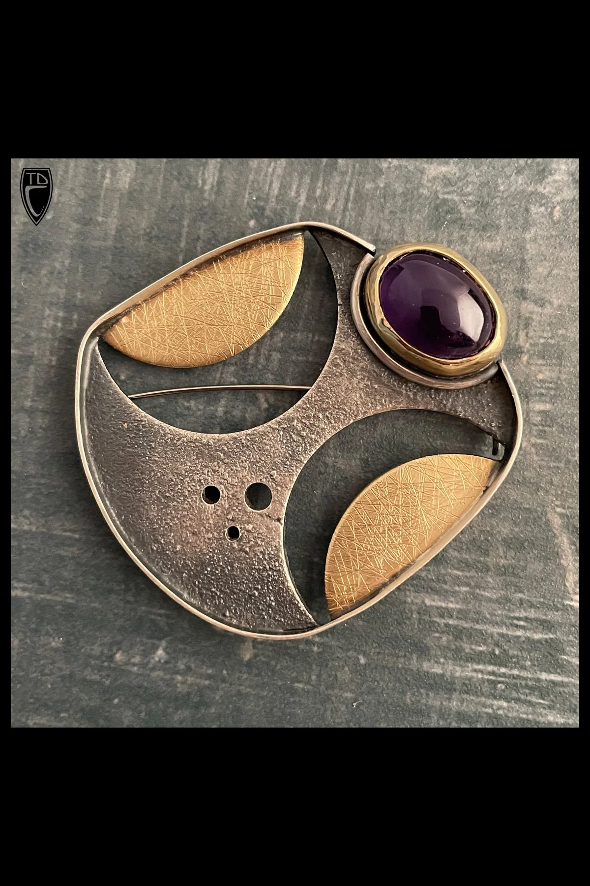 Sterling Silver, Scratch Finished Brass and Amethyst Brooch