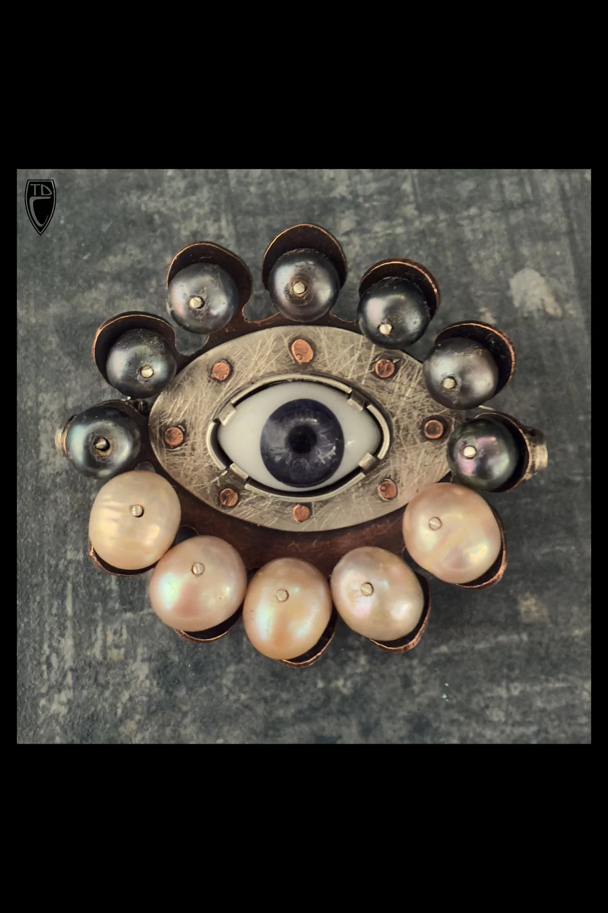 "Smokey Eye", Copper, Sterling Silver, Pearl, Antique Solid Glass Doll's Eye and Steel Brooch