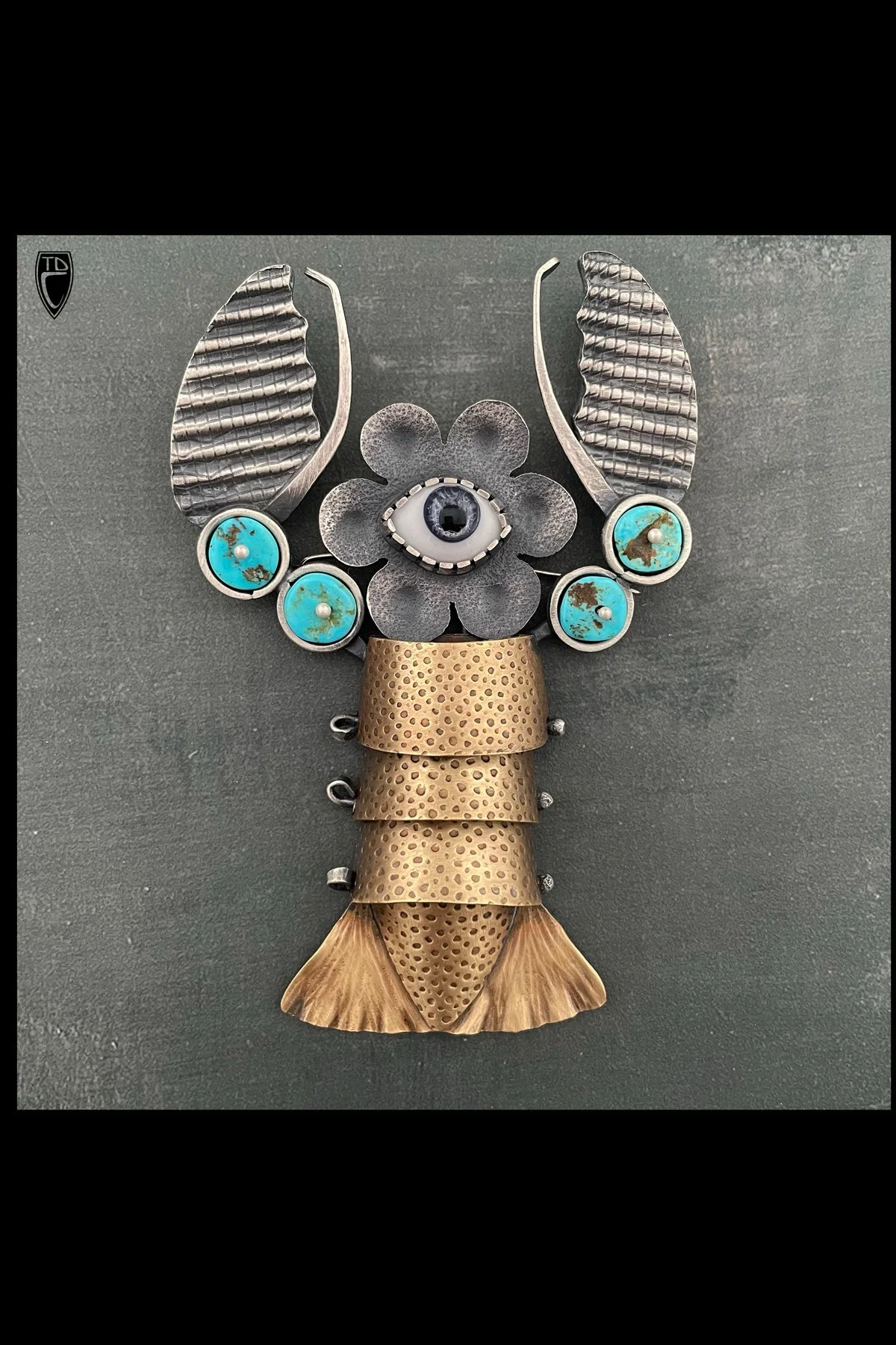 Reserved for JH, "Daisy", Sterling Silver, Brass, Turquoise and Glass Kinetic Abstract Flower/Lobster Brooch/Pendant