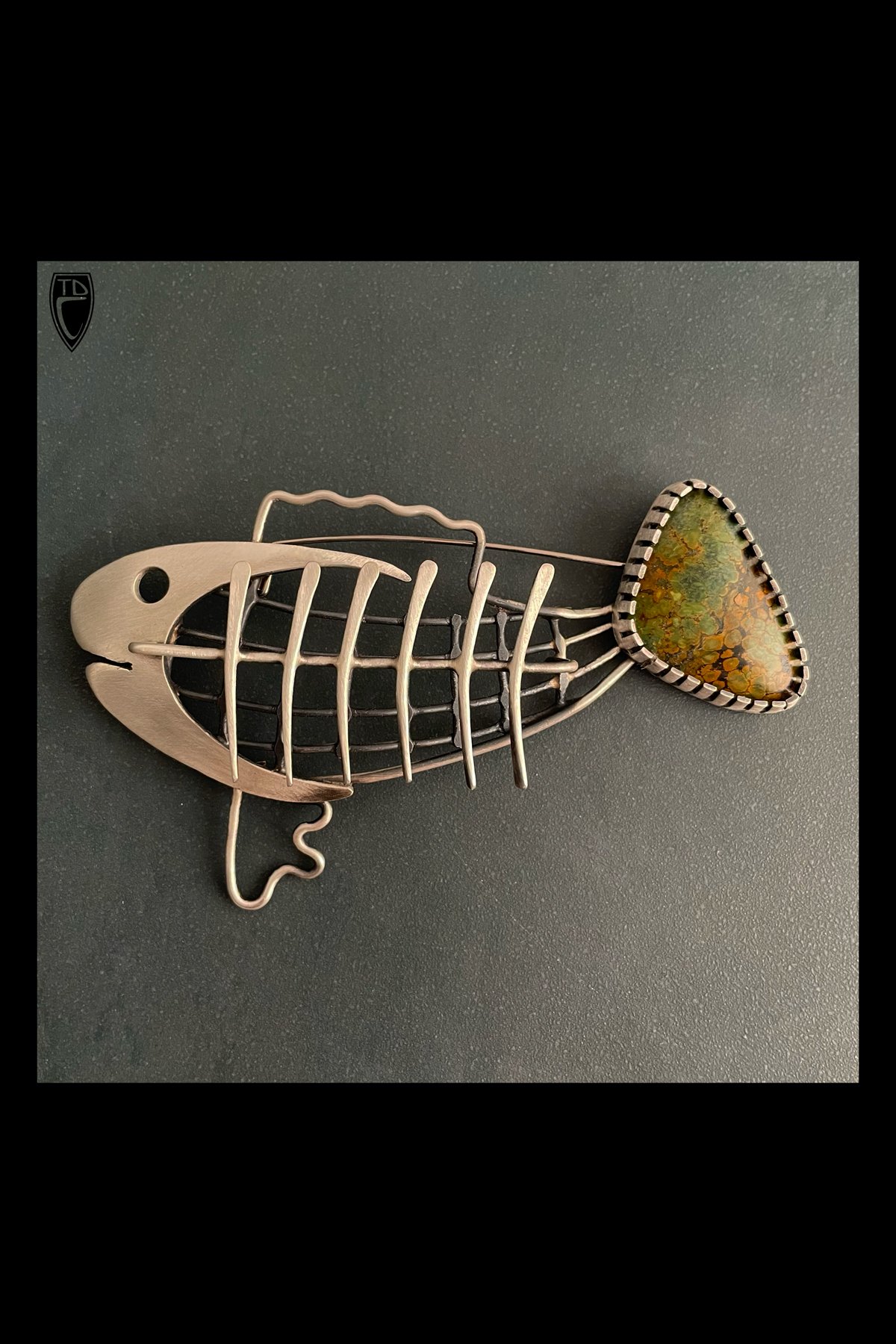 Sterling Silver, Turquoise and Steel Fish Form Brooch/Pendant