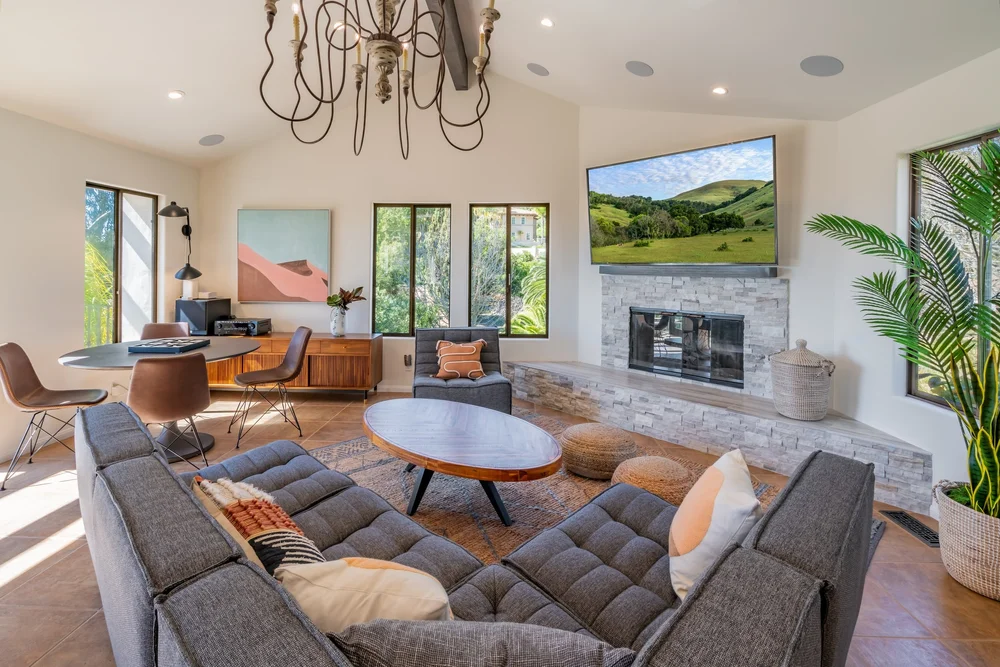 Family room at 1910 Barker Pass Road, Santa Barbara after staging by Encore