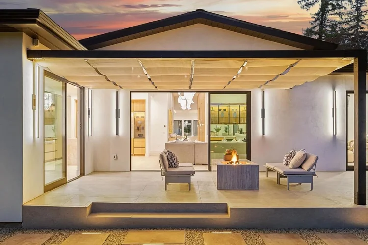 Covered outdoor living room at 743 Edge Lane, Los Altos